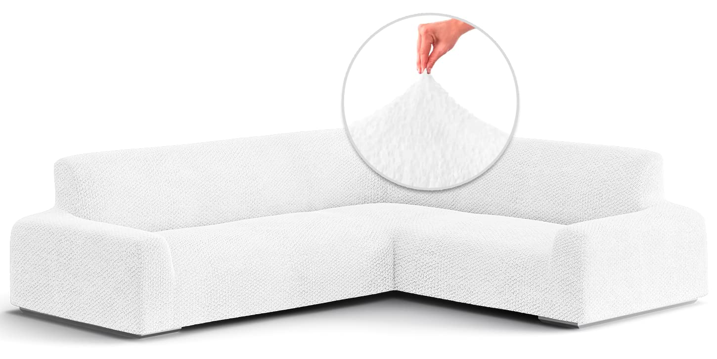 Corner Sofa Slipcover - Stretchable 1-Piece Sectional Couch Cover in Soft Polyester Velvet Fabric - Form-Fitting Furniture Protector for L-Shaped Couches - White - Perfect for Living Room, Family Room & Home Theater Seating