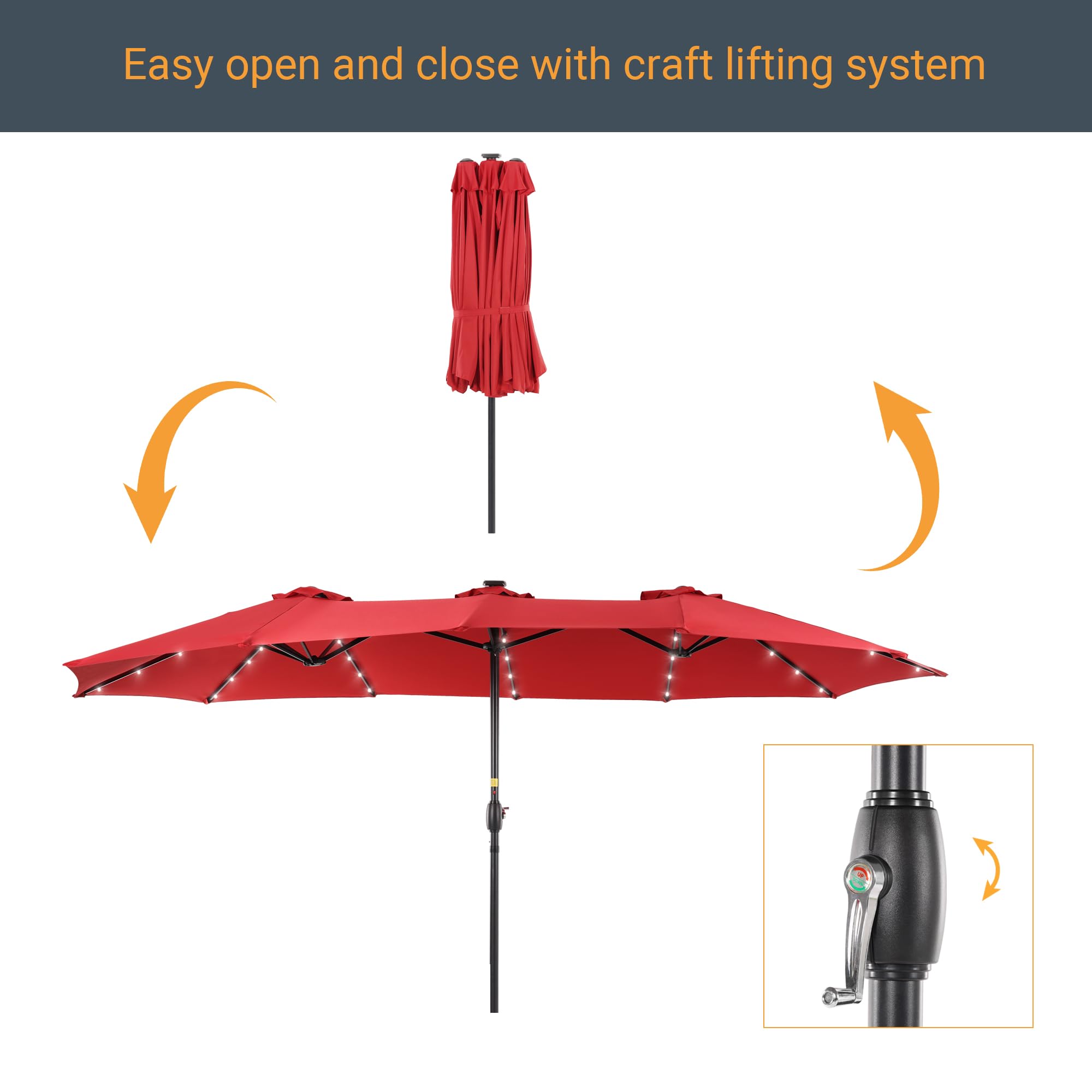 15ft Large Outdoor Patio Umbrella with Solar Lights - Double-Sided Rectangle Market Umbrella with 12 Sturdy Ribs & UV Protection - Perfect for Garden, Deck, Backyard, Poolside (Base Not Included) | Ideal for Outdoor Dining, Lounging, and Summer Entertaining