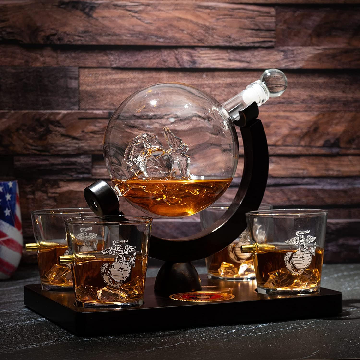 Premium U.S. Marine Globe Whiskey Decanter Set with 4 Crystal Glasses - Veteran Gift Box with Mahogany Wood Base & Military Emblem - Bourbon Scotch Decanter for Men, Military Dad Gifts, Patriotic Home Bar Decor (29oz) - Perfect for Veterans Day, Retirement Parties & Man Cave Whiskey Collections