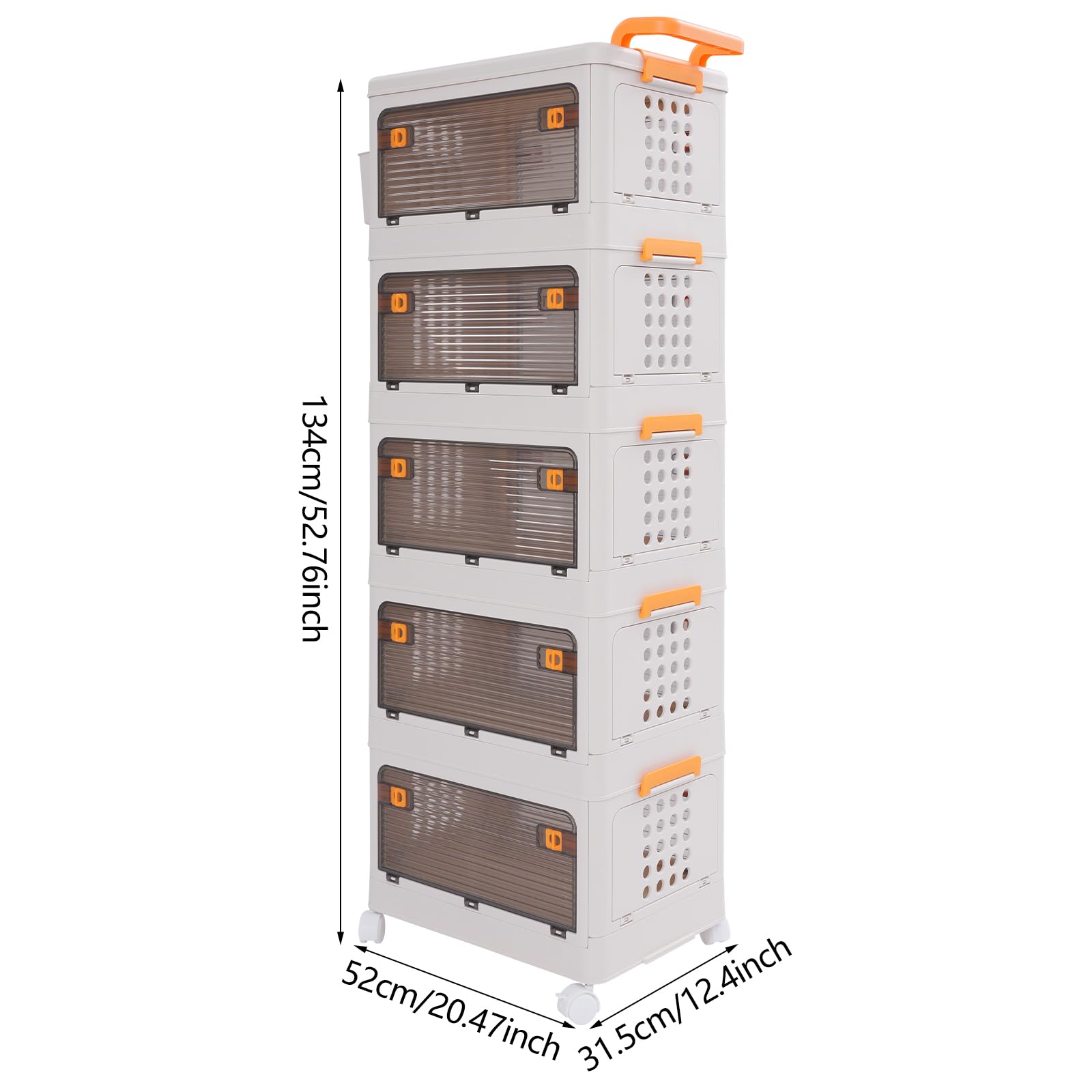 5-Tier Rolling Foldable Storage Organizer with Wheels & Side Basket - Collapsible Plastic Storage Cabinet for Bedroom, Living Room, Kitchen, Bathroom - Space-Saving Closet Organization Solution for Home & Office Use
