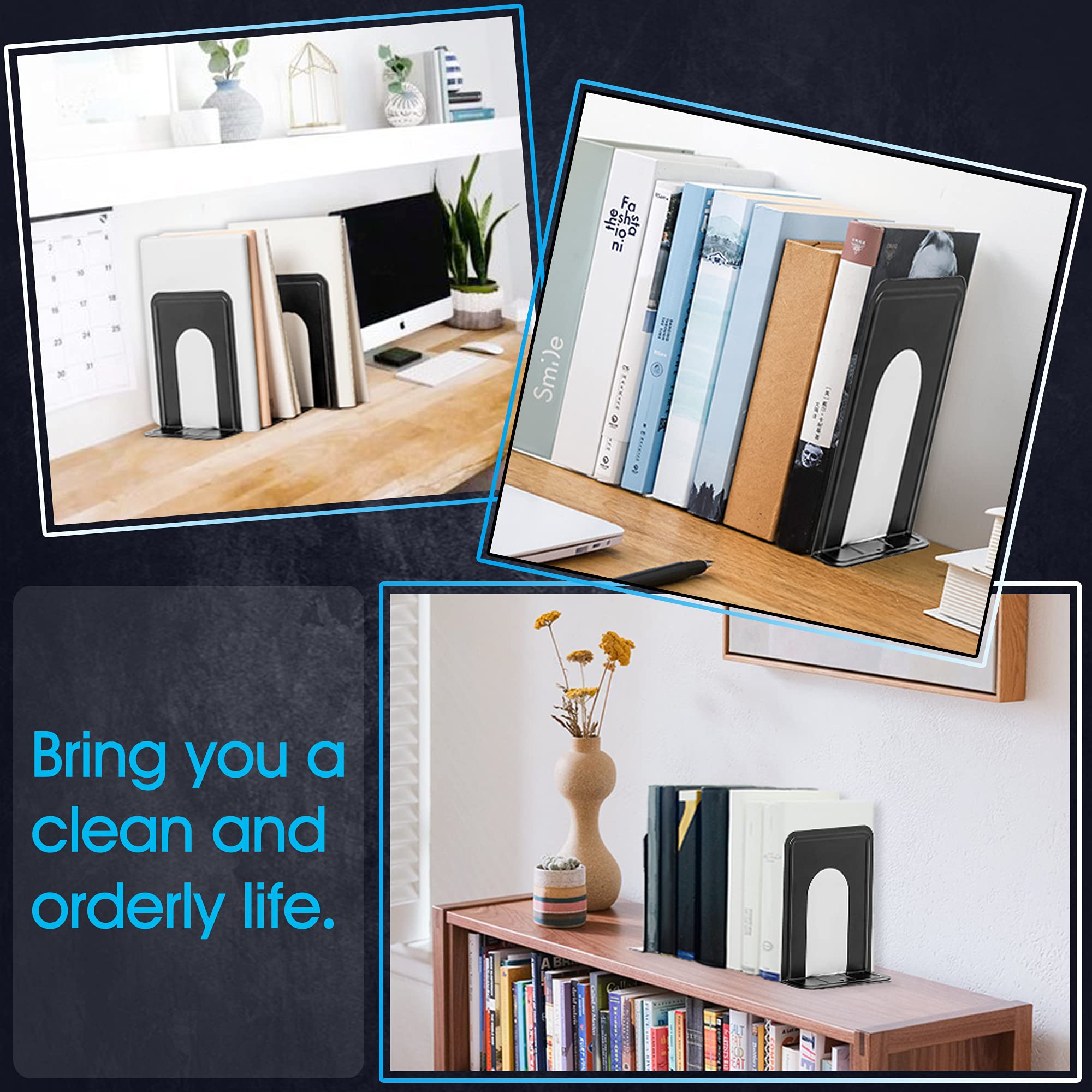 HappyHapi Heavy Duty Metal Bookends - 24 Pack for Office, Home & Library - Secure Book Holders for Shelves & Heavy Books - Perfect for Organizing Textbooks, Cookbooks & Decorative Displays