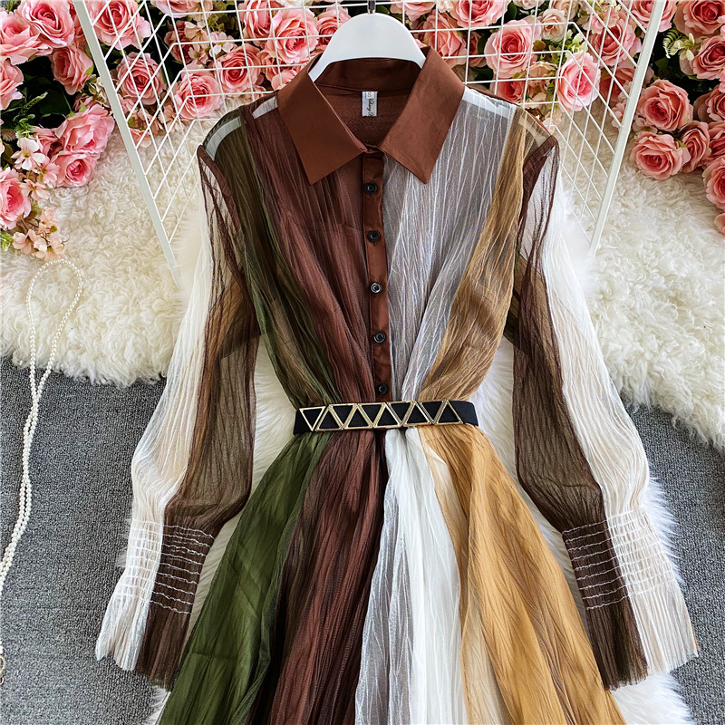 Stylish Long Sleeve Mesh Polo Collar Swing Dress for Women - Perfect for Casual Outings, Office Wear & Evening Events