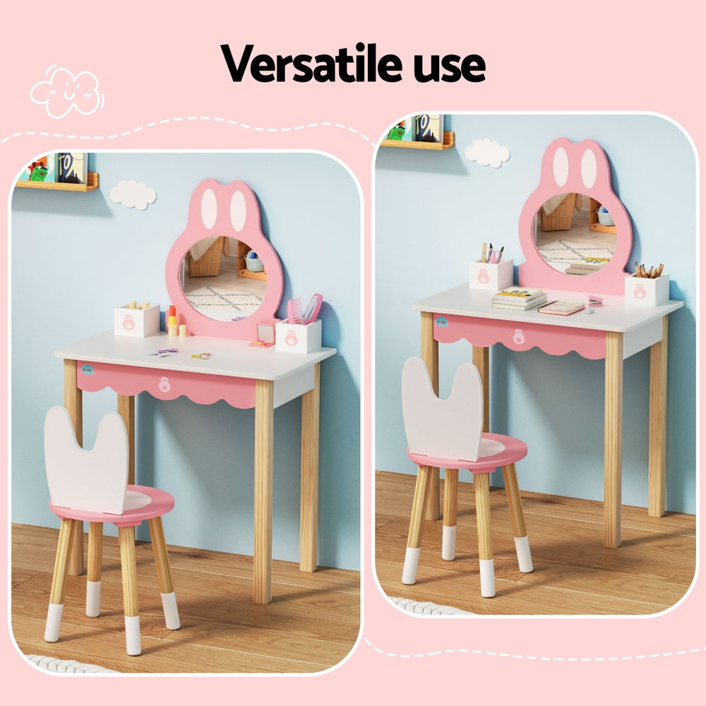 Keezi Kids Wooden Bunny Pink Dressing Table Set - Perfect for Pretend Play, Bedroom Decor & Gift for Girls
