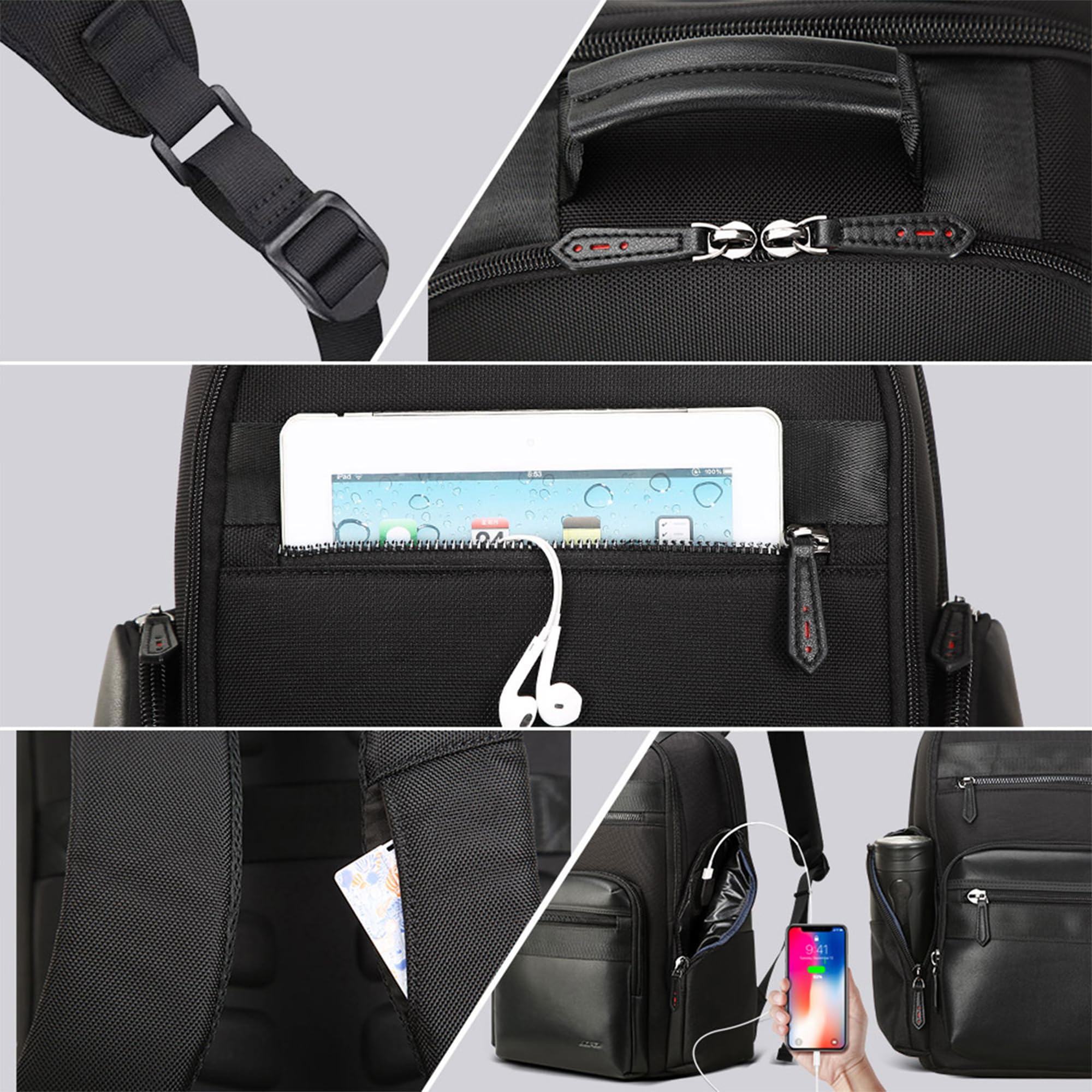 BOPai 30L Water-Resistant Travel Backpack for Men - USB Charging Business Laptop Backpack with 15.6 Inch Laptop Compartment - Durable Black Rucksack for Work, Commuting & Outdoor Adventures