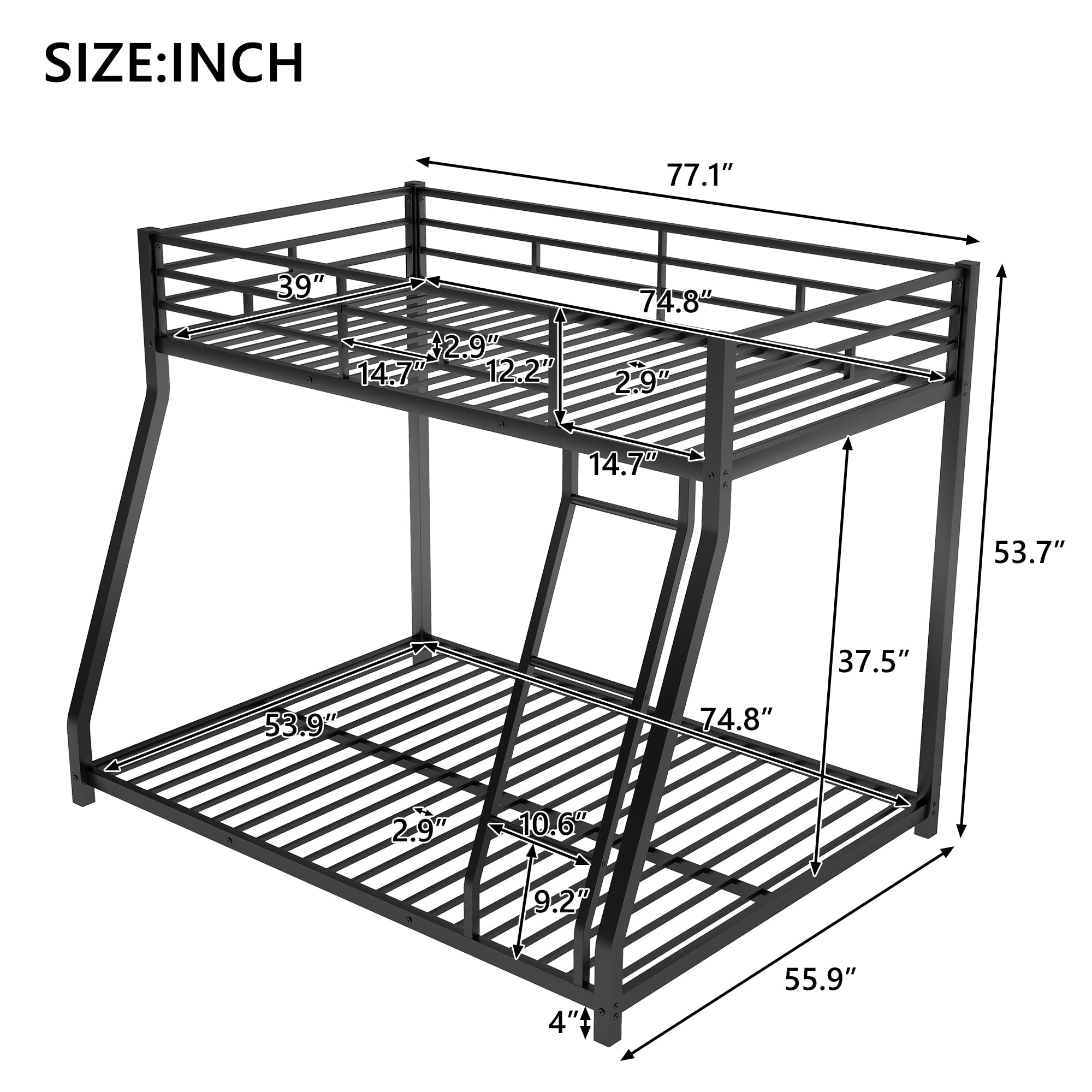 Twin Over Full Metal Bunk Bed with Ladder & Guardrail - Sturdy Low Profile Bunk Bed for Adults, Teens, Boys & Girls - Space Saving Black Bunk Bed for Small Rooms, Dorms, Kids Bedrooms & Guest Rooms