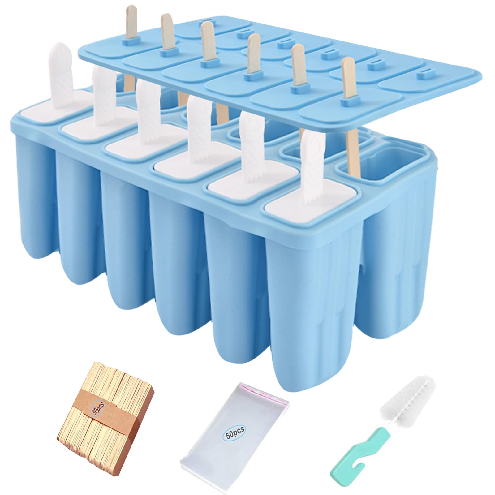 Wpunwen 12 Cavity Silicone Popsicle Molds with Sticks - Reusable Ice Cream Molds Set Includes 50 Sticks, 50 Bags & Cleaning Brush (Blue) - Perfect for Summer Treats, Kids Snacks & Homemade Frozen Desserts