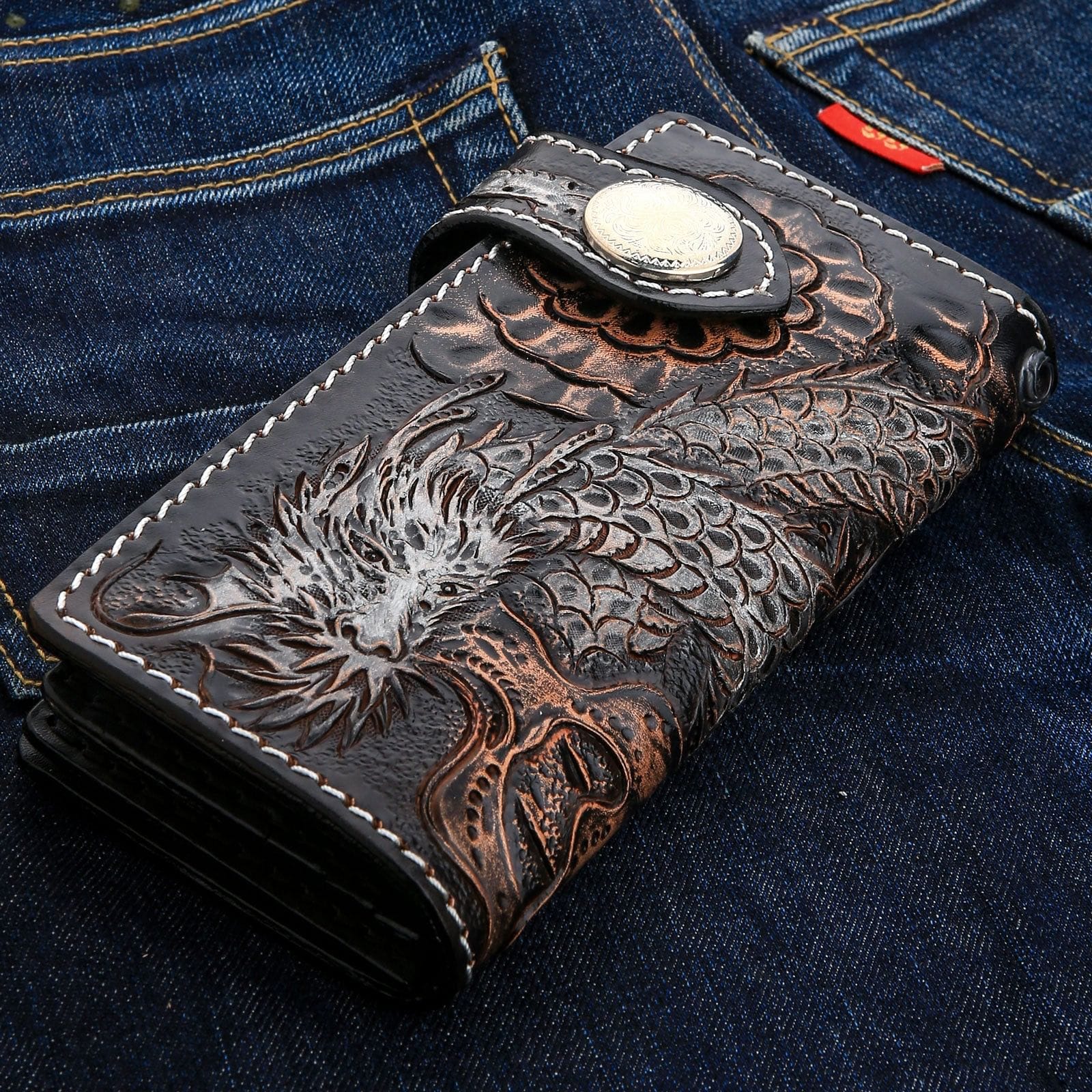 Premium Genuine Leather Biker Wallet for Men - RFID Blocking - Dragon Rider Design - Perfect for Motorcycle Enthusiasts & Gift Giving