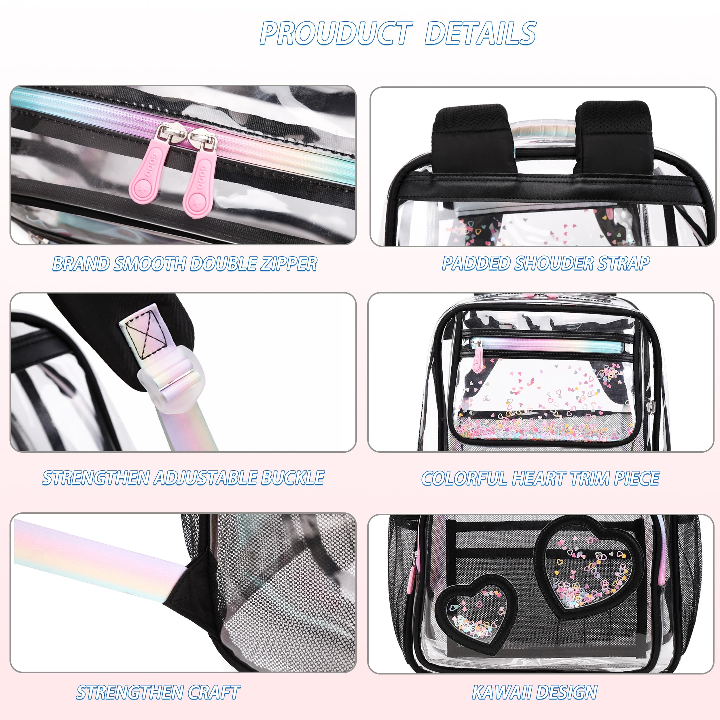 Caoroky Knight Clear Stadium Backpack - Heavy Duty TPU Transparent Bookbag for Women, Girls & Kids - Perfect for School, Travel, Concerts & Events (Black)