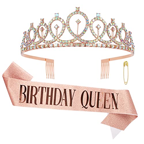 CIEHER Rose Gold Birthday Sash & AB Rhinestone Crown Set - Elegant Birthday Tiara & Sash for Women & Girls - Perfect for Birthday Parties, Bachelorette, Bridal Showers & Special Celebrations