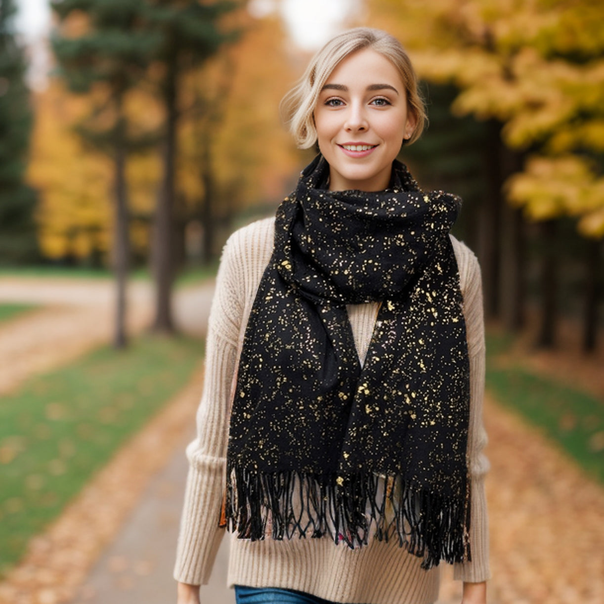 Byala Splatters of Sparkle Pashmina Scarf (70x180cm) - Black Shawl for Women | Elegant Evening Wear & Winter Accessory