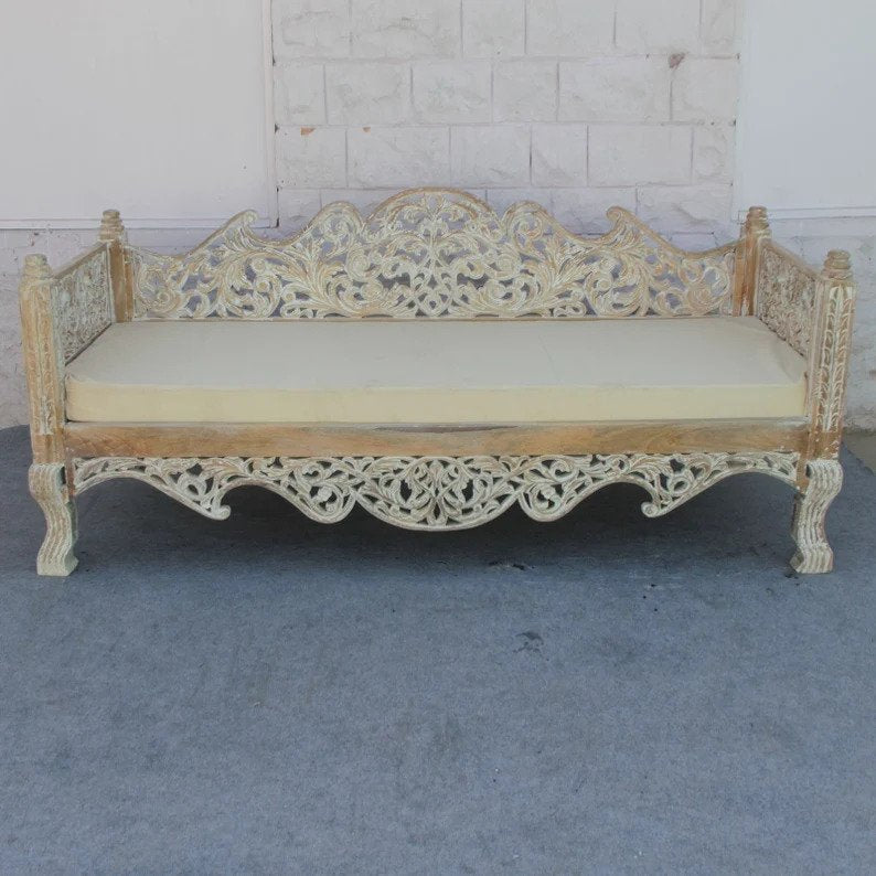 Hand Carved Maharajah Indian Daybed - Solid Wood Garden Sofa for Outdoor Patio, Porch & Backyard Relaxation | Perfect for Lounging, Sunbathing & Entertaining Guests