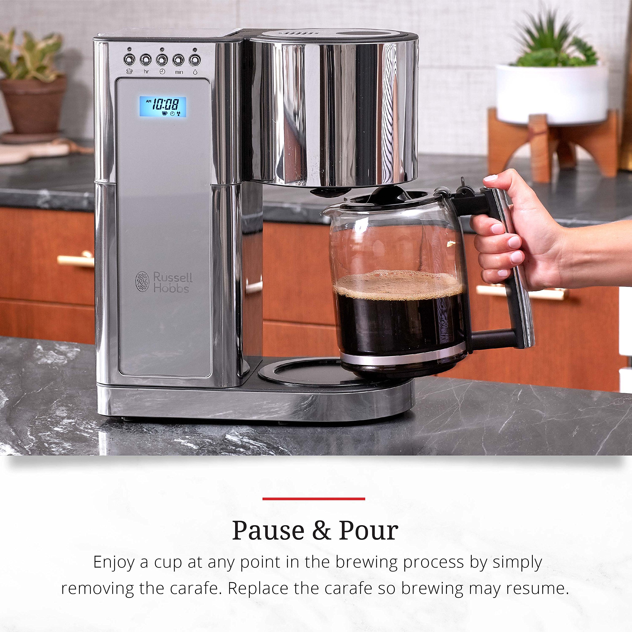 Russell Hobbs CM8100GYR 8-Cup Glass Coffee Maker - Stainless Steel & Silver Drip Coffee Machine for Home, Office & Breakfast Use
