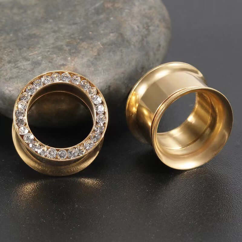Black CZ Hollow Screw Fit Tunnel Plug Set | UZ299 | Stylish Body Jewelry for Ear Stretching & Alternative Fashion