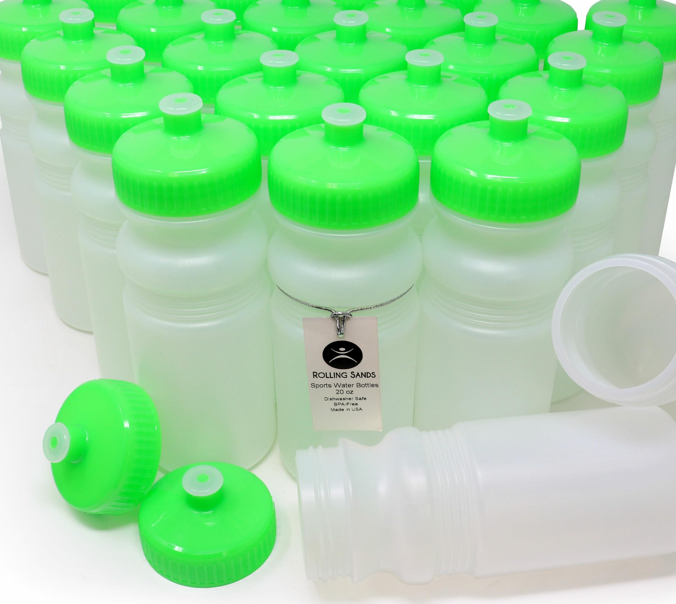 Rolling Sands 20oz BPA-Free Sports Water Bottles 100 Pack - Dishwasher Safe, Made in USA | Perfect for Gyms, Schools, Offices & Team Events