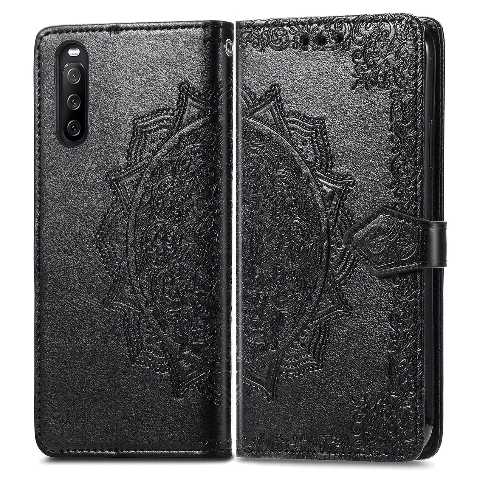 Sony Xperia 10 III Leather Phone Case with Mandala Embossing, Card Slots, Kickstand & Lanyard - Horizontal Flip Wallet Case for Protection & Style | Perfect for Daily Use, Travel & Business Meetings