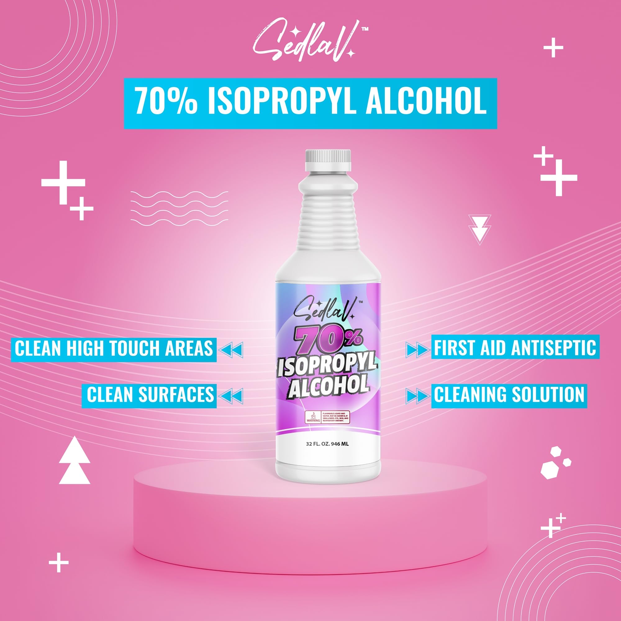 SEDLAV 70% Isopropyl Alcohol First Aid Antiseptic, 32 Fl Oz (Pack of 2) - Rubbing Alcohol for Wound Cleaning, Sanitizing Surfaces & First Aid Kits