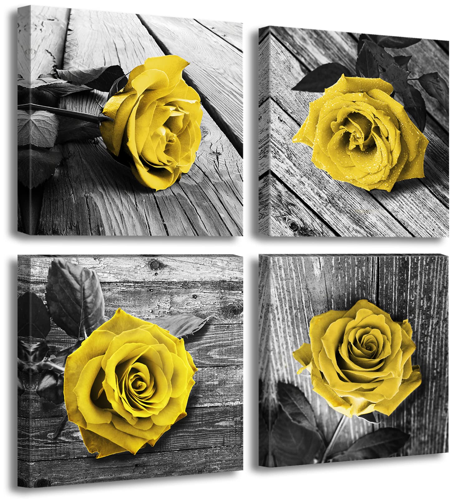 4 Pieces Yellow and Grey Rose Canvas Wall Art Prints - Framed Floral Decor with Rose Flowers for Bedroom, Bathroom & Living Room - Love Aesthetics Home Decoration for Romantic & Vintage Interior Design