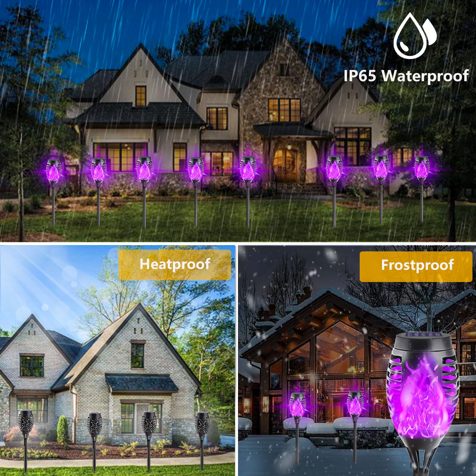 12-Pack Solar Tiki Torches Outdoor Waterproof - Super Bright Flickering Flame Halloween Decorations for Patio, Yard, Porch & Garden (Purple) | Perfect for Halloween Party, Backyard Lighting & Pathway Illumination