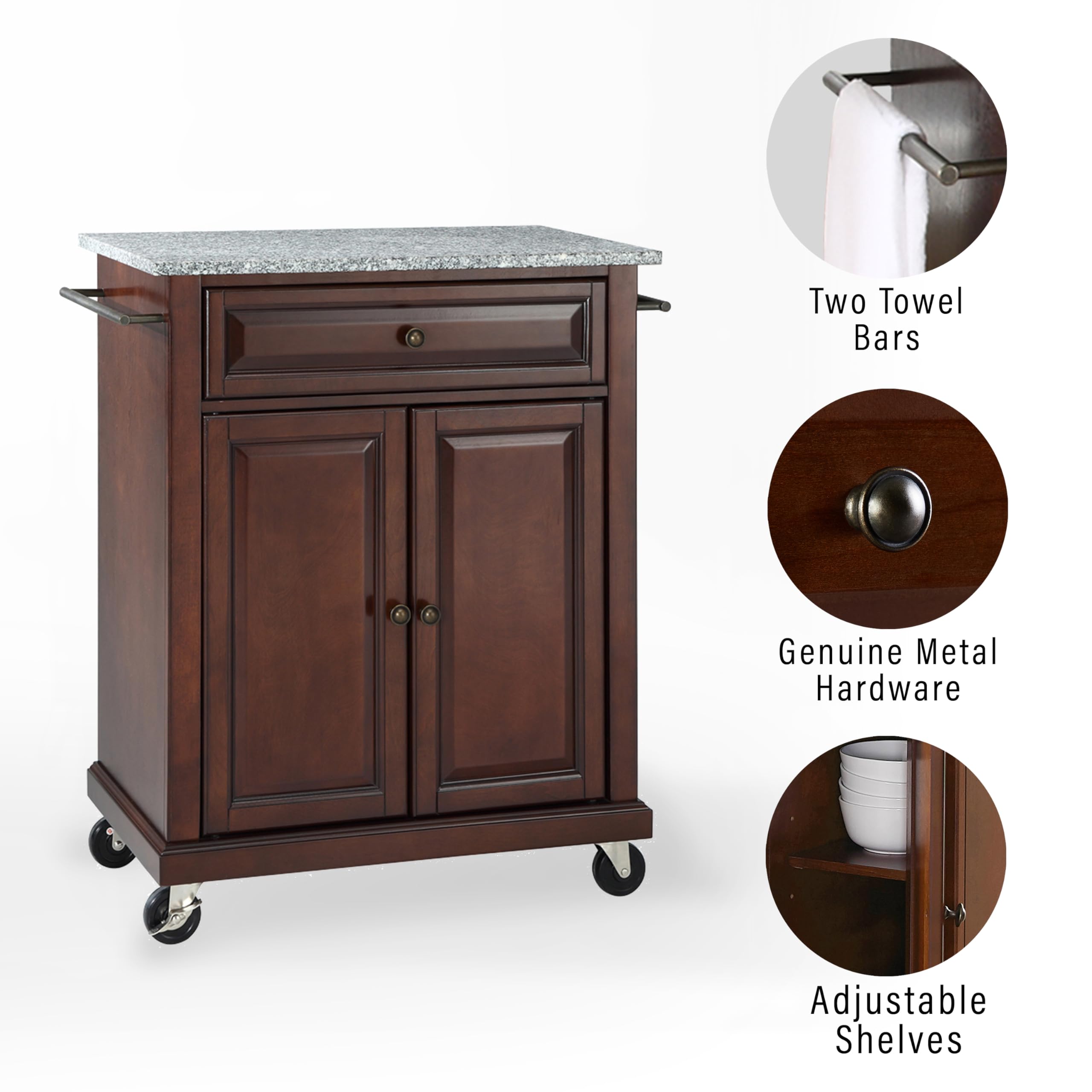 Crosley Compact Granite Top Rolling Cart with Shelves - Microwave Stand with Towel Rack, Mahogany - Perfect for Kitchen, Bathroom, or Office Storage and Organization