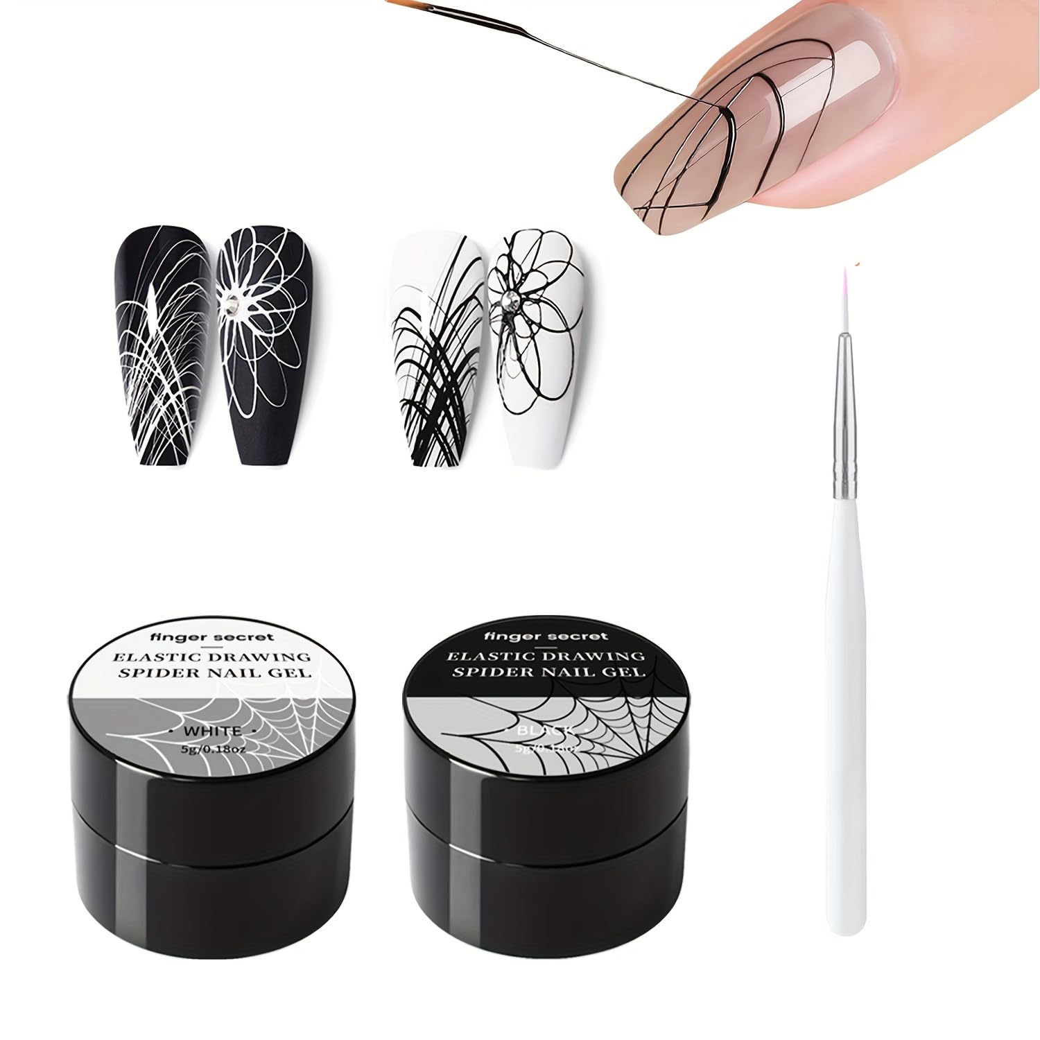 Spider Nail Gel 5g/0.18oz - Professional Nail Art Drawing Gel Set for Wire Line Designs - Includes White & Black Colors with Nail Art Brushes - Perfect for Salon, DIY Manicures & Creative Nail Designs