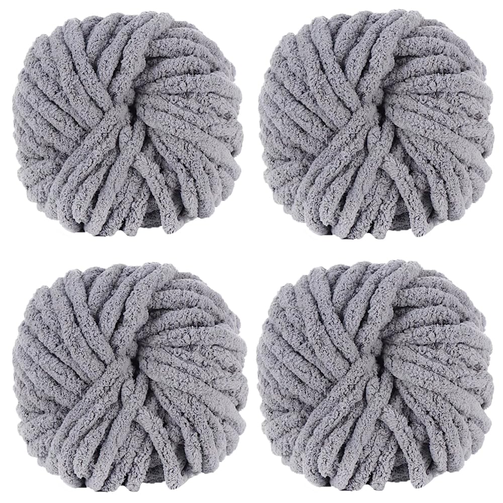 Chunky Knit Chenille Yarn for Arm Knitting - Super Soft Fluffy Baby Yarn (1kg, Grey) | Perfect for DIY Blankets, Scarves, and Home Decor Projects