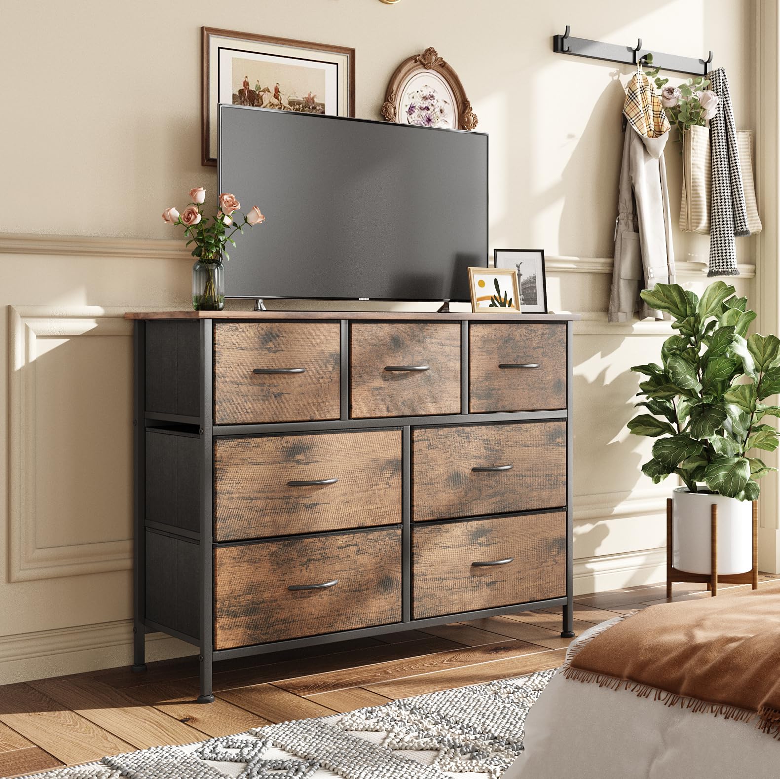 7-Drawer Rustic Brown Dresser with Wooden Top - Tall Fabric Storage Chest for Bedroom, Living Room, TV Stand, Closet & Entryway | Space-Saving Organizer for Clothes, Linens & Home Decor
