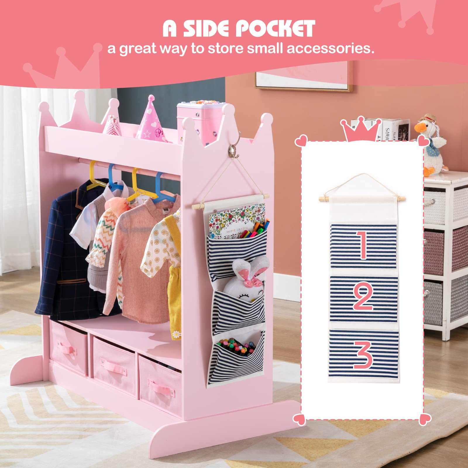 JOYLDIAS Kids Dress Up Storage Organizer with Mirror and 3 Drawers, Pink Playroom Wardrobe for Girls - Costume Closet with Side Pockets & Top Shelf | Perfect for Bedroom, Nursery & Pretend Play Areas