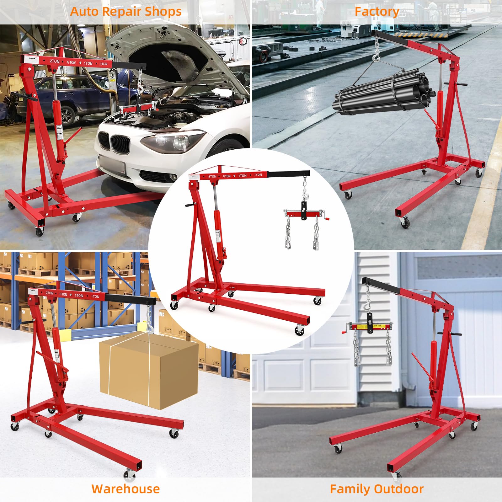 GARVEE 2 Ton Folding Hydraulic Engine Hoist with Lever - Heavy Duty Shop Crane Lift, 6-Wheel Cherry Picker for Garage & Workshop (Red) - Perfect for Auto Repair, Engine Removal, and Industrial Maintenance