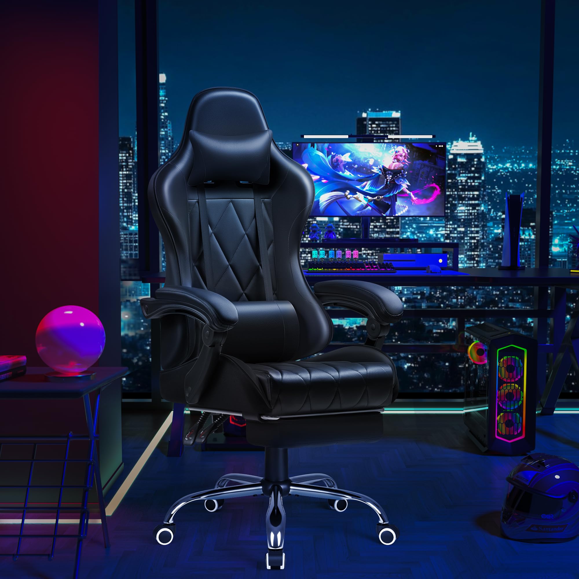 Shahoo Ergonomic Gaming Chair with Adjustable Footrest & Lumbar Massage - 360° Swivel Computer Chair with Headrest, Height Adjustable (Black) - Perfect for PC Gaming, Office Work & Home Entertainment