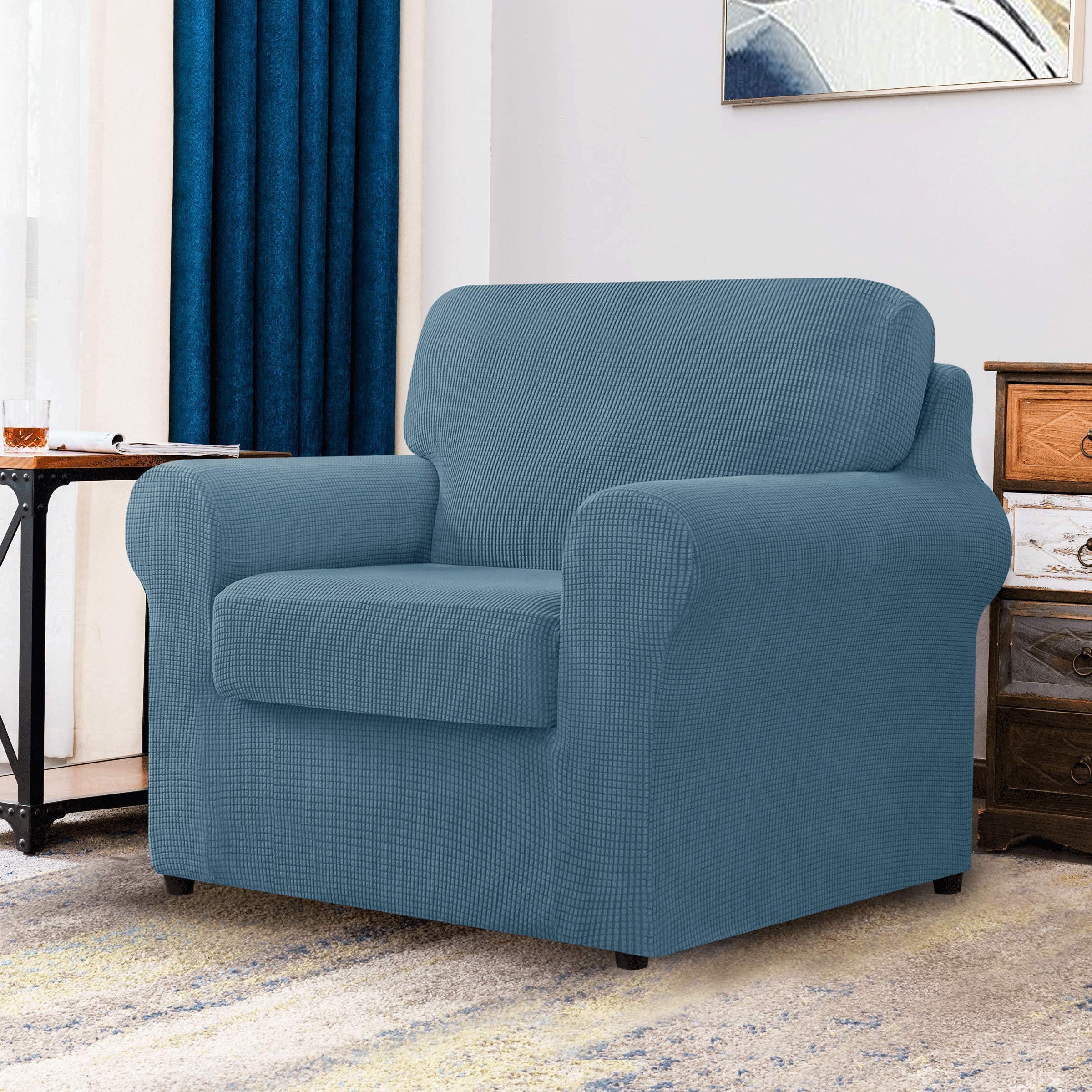CHUN YI Small Armchair Cover & Loveseat Sofa Slipcover Set - Large Couch Protector with Detachable Backrests & Cushions (Smoky Blue) | Perfect for Living Room Furniture Protection, Pet-Friendly Home Decor
