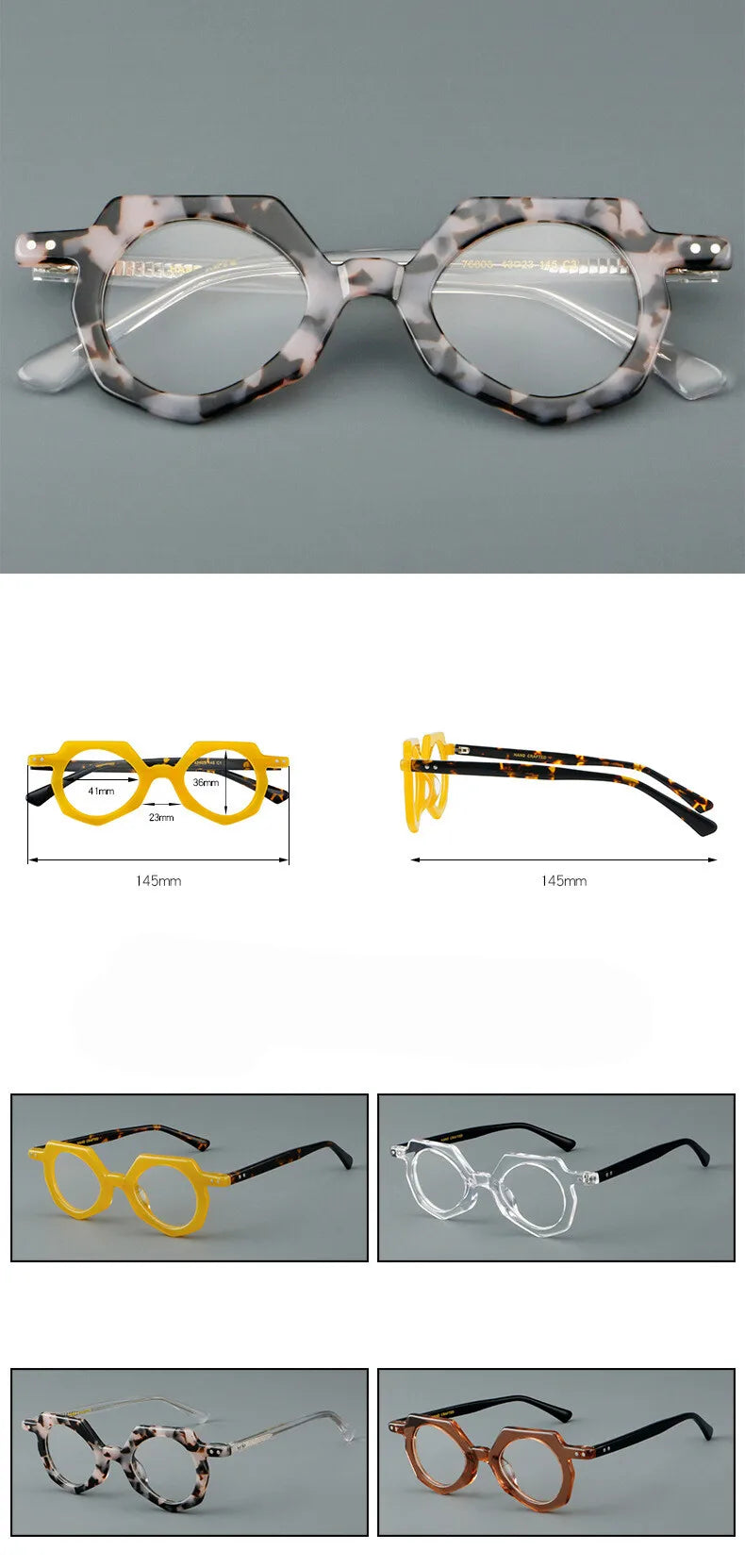 CCspace Unisex Full Rim Flat Top Polygon Round Acetate Eyeglasses 2473 - Stylish Retro Frame for Men & Women - Perfect for Reading, Fashion, and Daily Wear