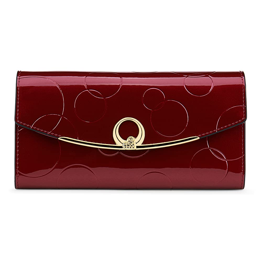 Genuine Leather Women's Wallet - 3 Fold RFID Blocking & Magnetic Closure Anti-Theft Design, Large Capacity with Buckle & Embossed Pattern (Wine Red) | Perfect for Everyday Use, Travel & Gift Giving
