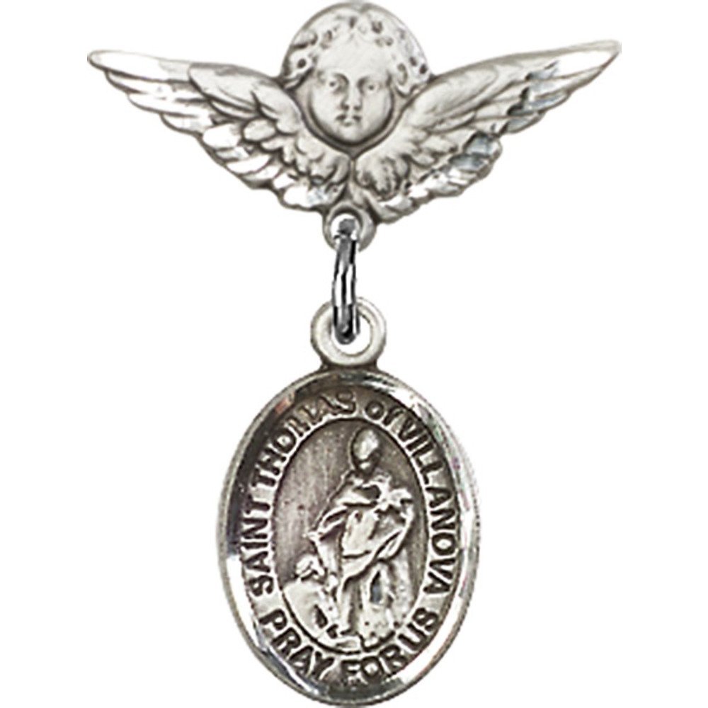 Sterling Silver Baby Badge with St. Thomas of Villanova Charm & Angel Wing Pin - 7/8