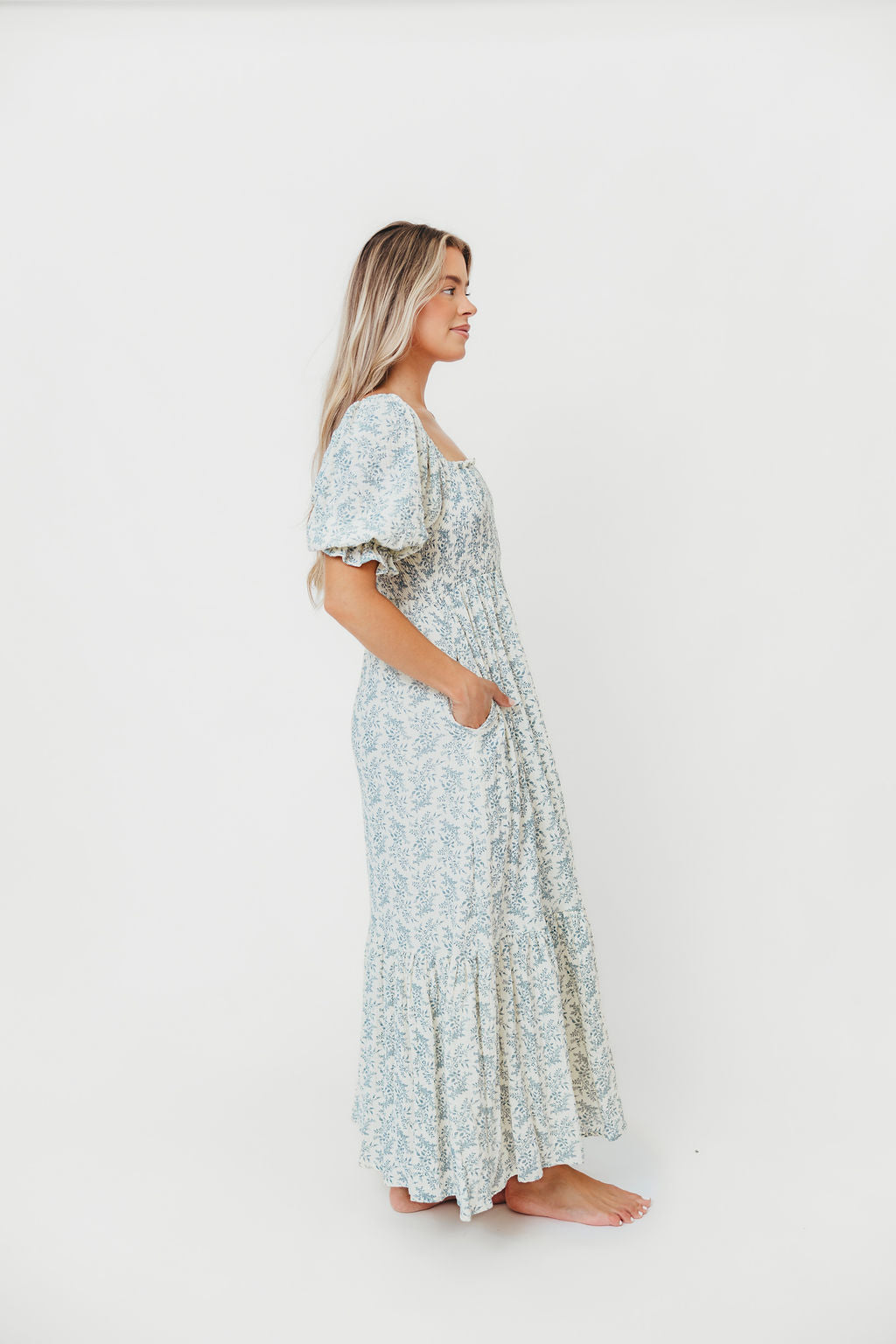 Livvy 100% Cotton Maxi Dress - Blue Foliage Print, Flowy Long Summer Dress for Women, Perfect for Beach Vacations, Garden Parties & Casual Outings