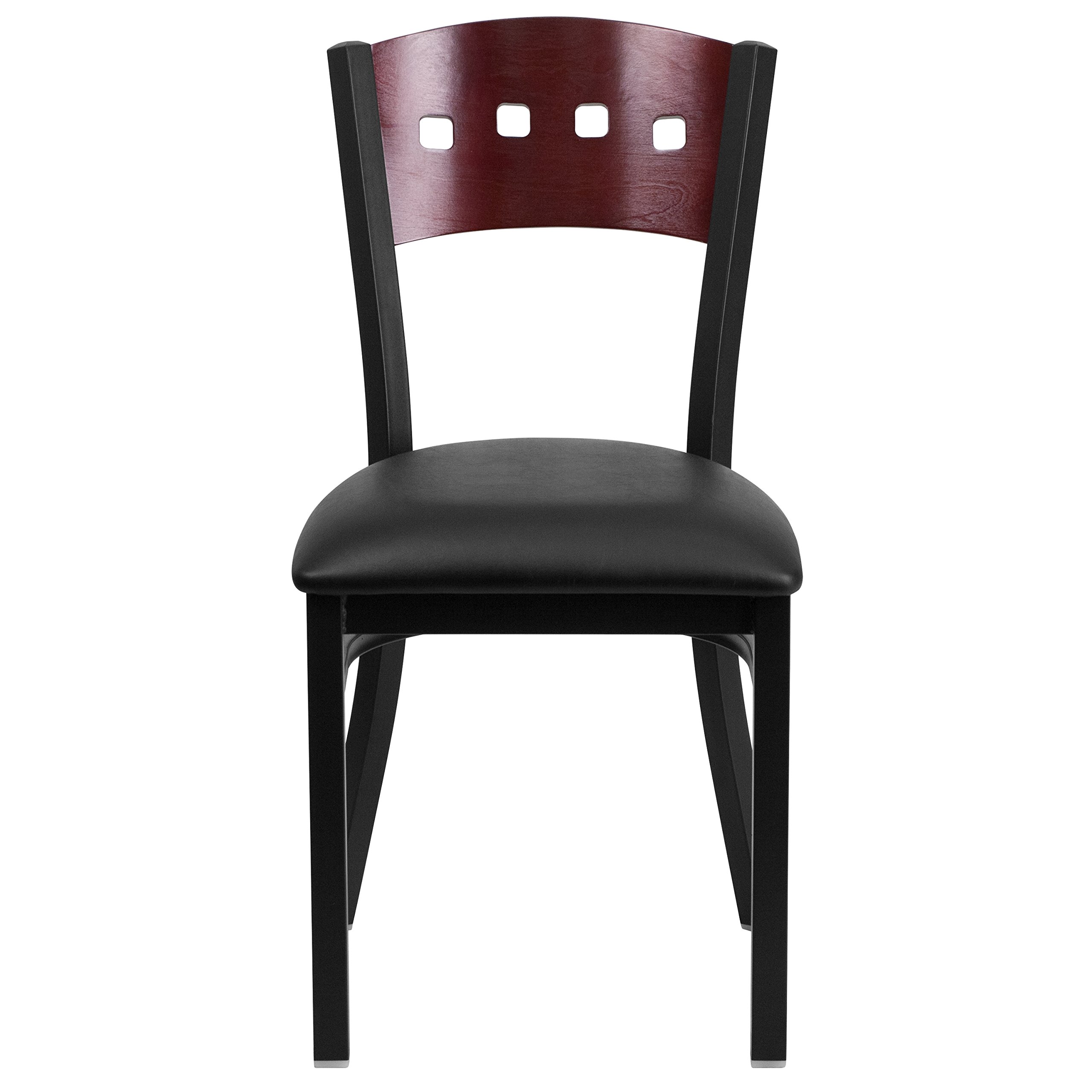 Flash Furniture HERCULES Series Black 4 Square Back Metal Restaurant Chair - Mahogany Wood Back, Black Vinyl Seat - Heavy Duty Commercial Dining Chairs for Restaurants, Cafes, and Bars