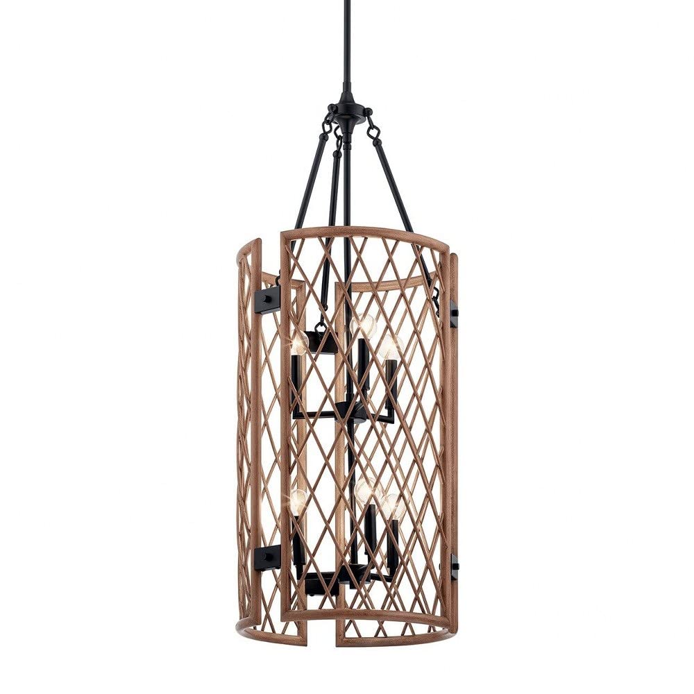 6-Light Rustic Wood Lattice Drum Shade Chandelier - Farmhouse Ceiling Light Fixture with Palm Leaf Design for Dining Room, Living Room & Bedroom Lighting