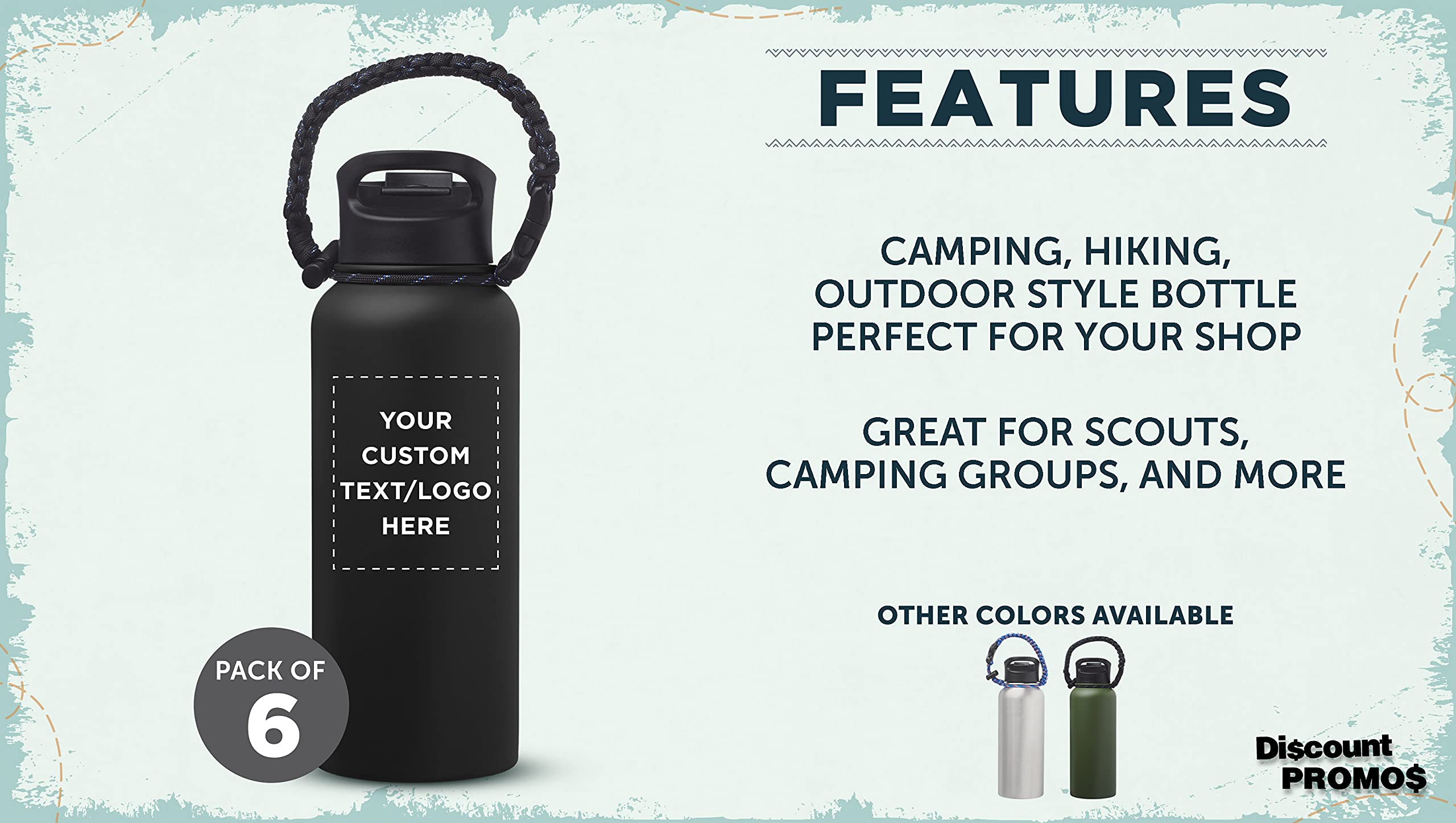 6 Pack Vulcan Stainless Steel Water Bottles 34oz with Strap - Double Wall Vacuum Insulated, Custom Text & Logo - Black - Perfect for Gym, Hiking, Camping & Outdoor Activities