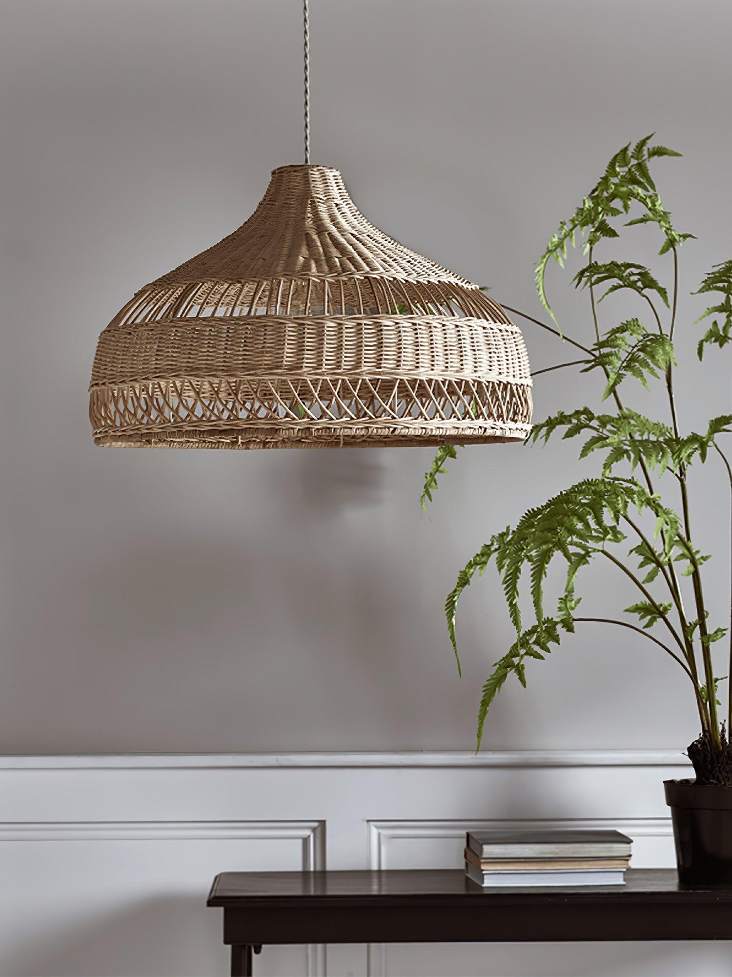 Handwoven Rattan Dome Pendant Light - Boho Chic Ceiling Lamp for Living Room, Bedroom & Patio - Natural Wicker Hanging Light Fixture for Home Decor
