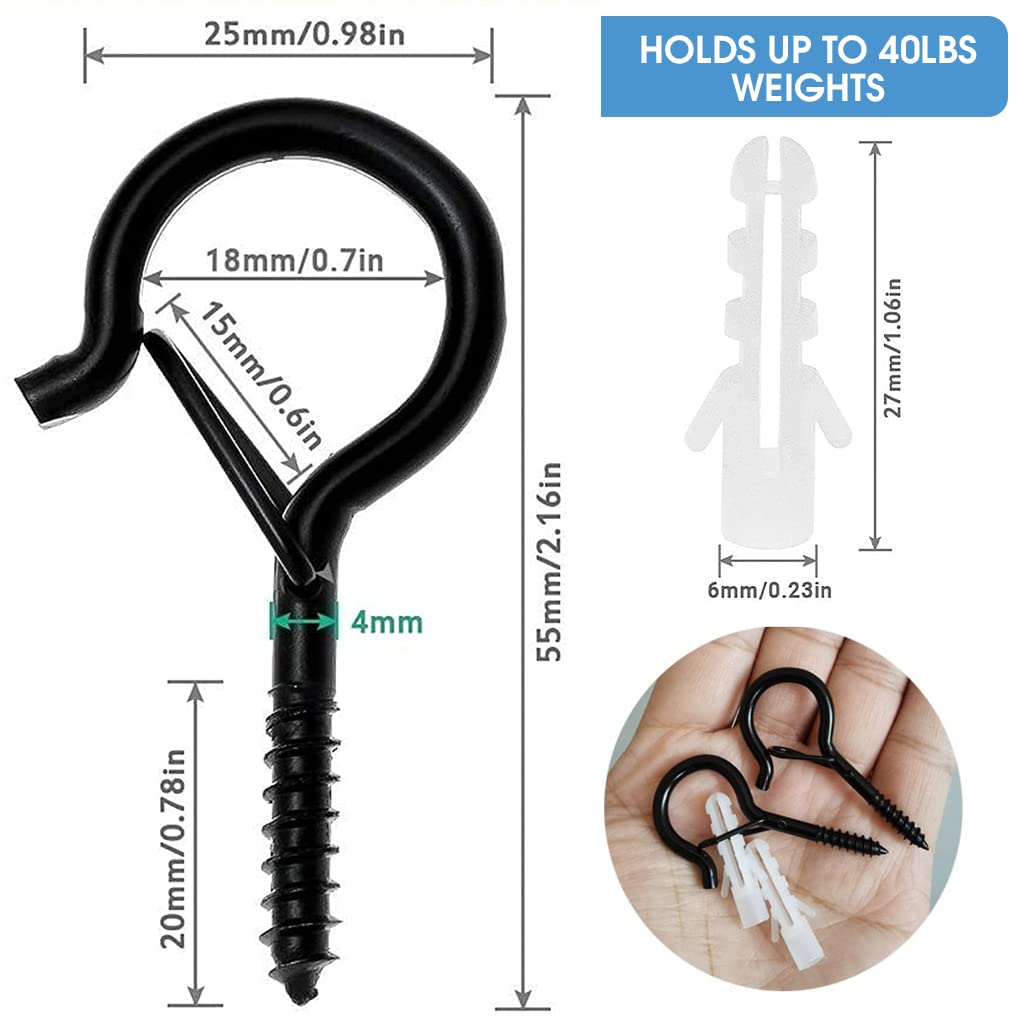 HASTHIP 20Pcs Black Plastic Screw-In Wall Hooks for Outdoor String Lights - Heavy Duty Ceiling Hooks with Safety Buckles for Hanging Plant Pots, Lanterns & Home Decor - Weatherproof Cup Hooks for Patio, Garden & Indoor Use