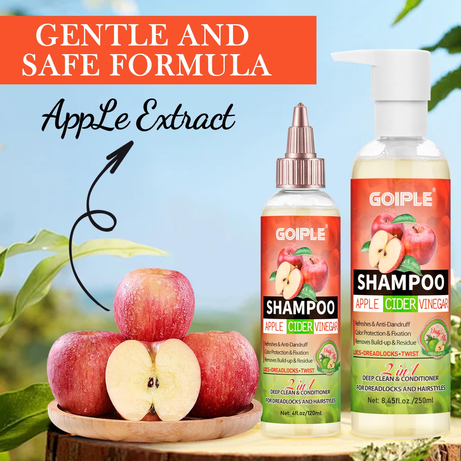 2 in 1 Deep Clean & Condition Apple Cider Vinegar Shampoo for Dreadlocks, Locs & Twists - Sulfate Free, Anti-Dandruff Shampoo for Curly & Kinky Hair (8.45 Fl Oz) - Refreshes & Nourishes Hair for Daily Use & Protective Styles