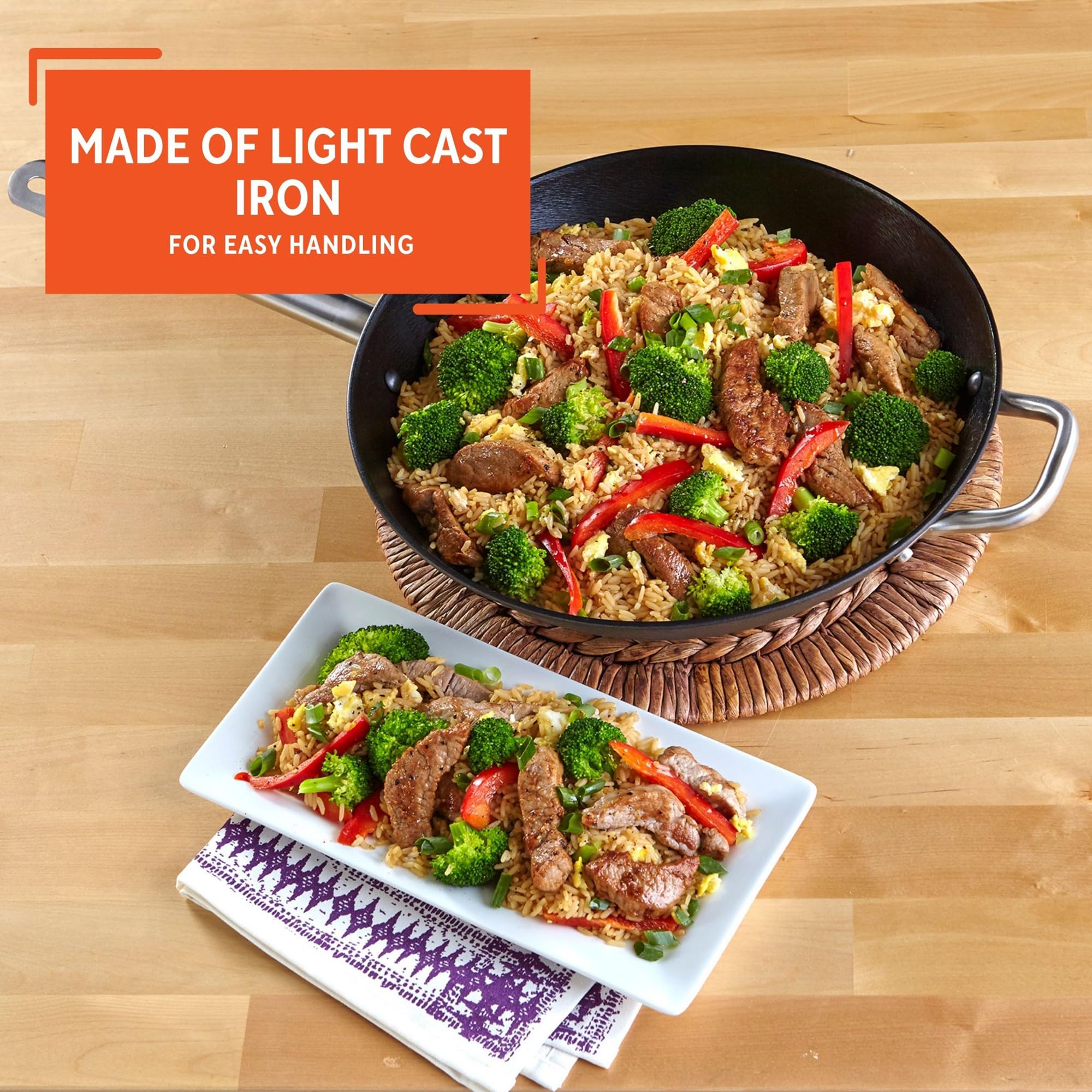 Imusa LCI-19008 USA 14-Inch Pre-Seasoned Cast Iron Wok with Non-Stick Surface & Stainless Steel Handles - Perfect for Stir-Frying, Deep Frying & Asian Cooking - Black