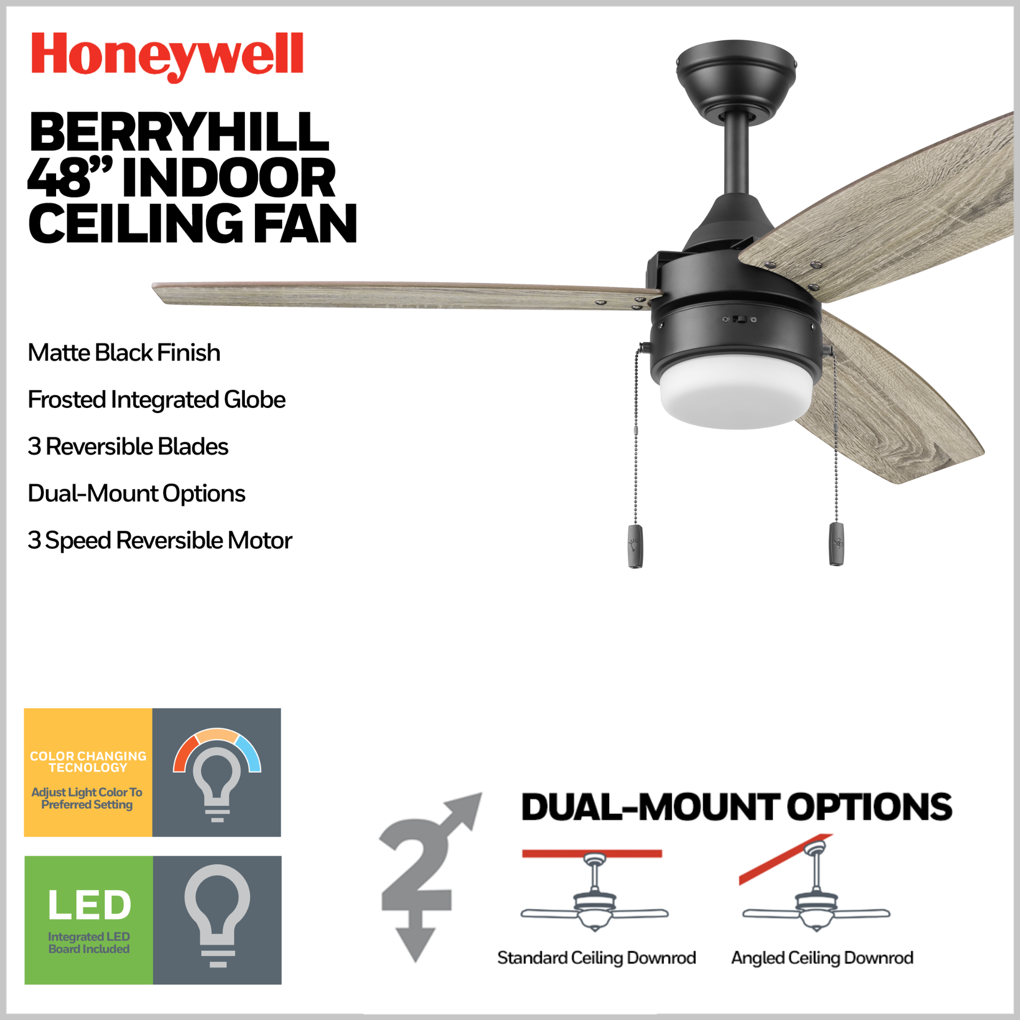 48 Inch Honeywell Berryhill Matte Black Ceiling Fan with Light Kit and Pull Chain - Perfect for Living Room, Bedroom, and Outdoor Covered Patio