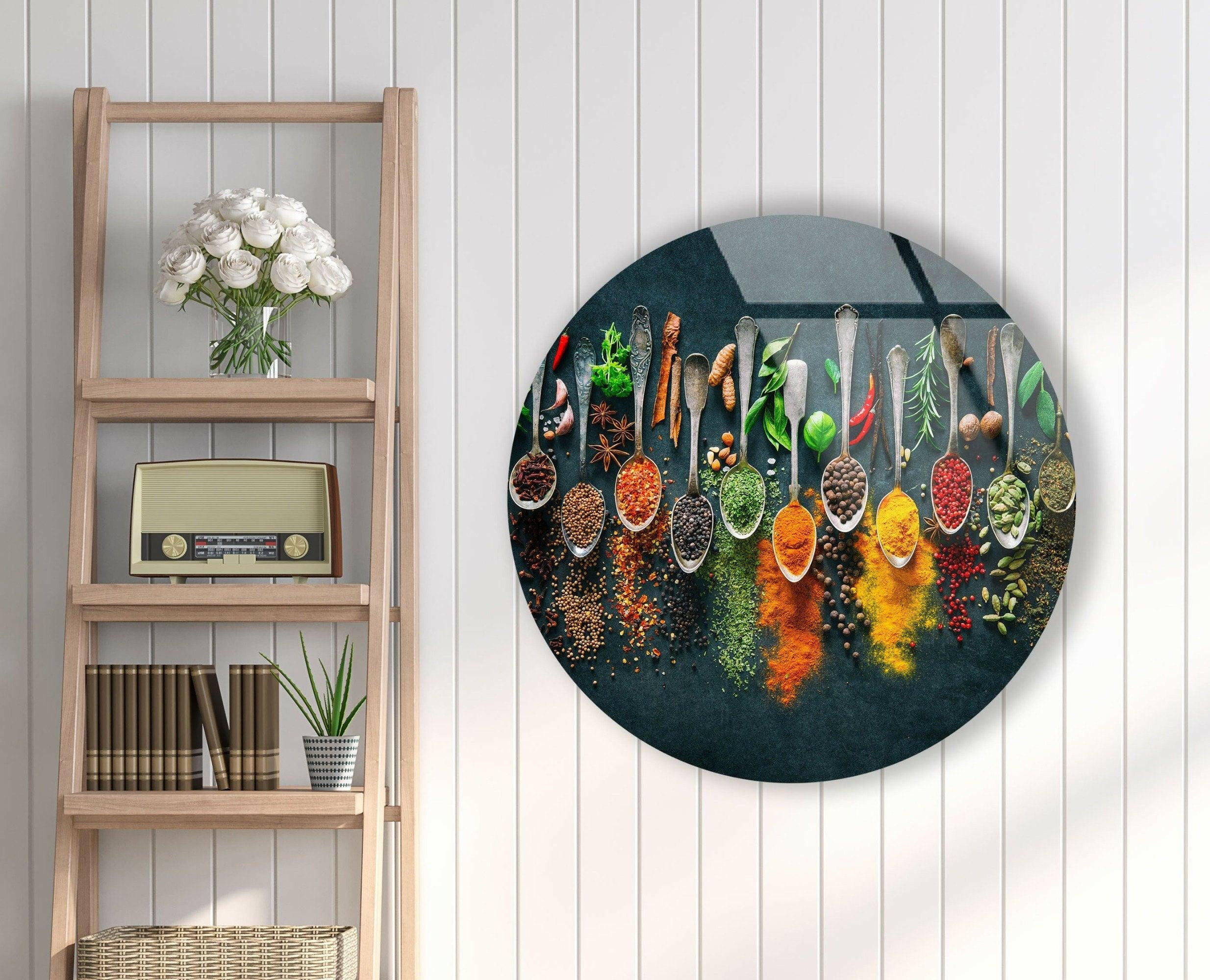 Vibrant Herbs Round Glass Wall Decor - Botanical Kitchen Art for Home, Office & Garden Decor