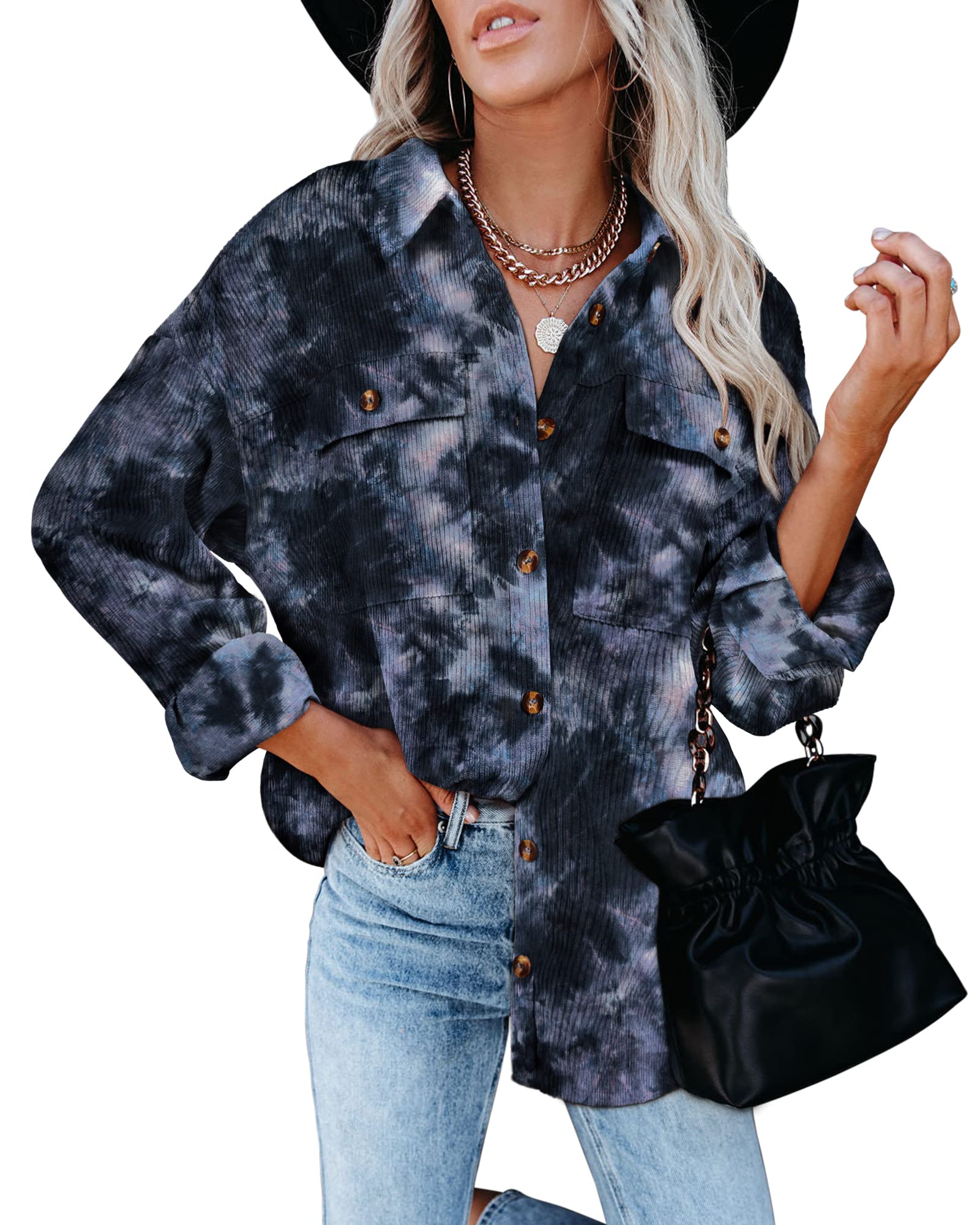 Yeahill Women's Oversized Corduroy Shirt - Button Down Shacket Jacket with Long Sleeves | Casual Fall & Winter Layering, Streetwear Fashion Outfit