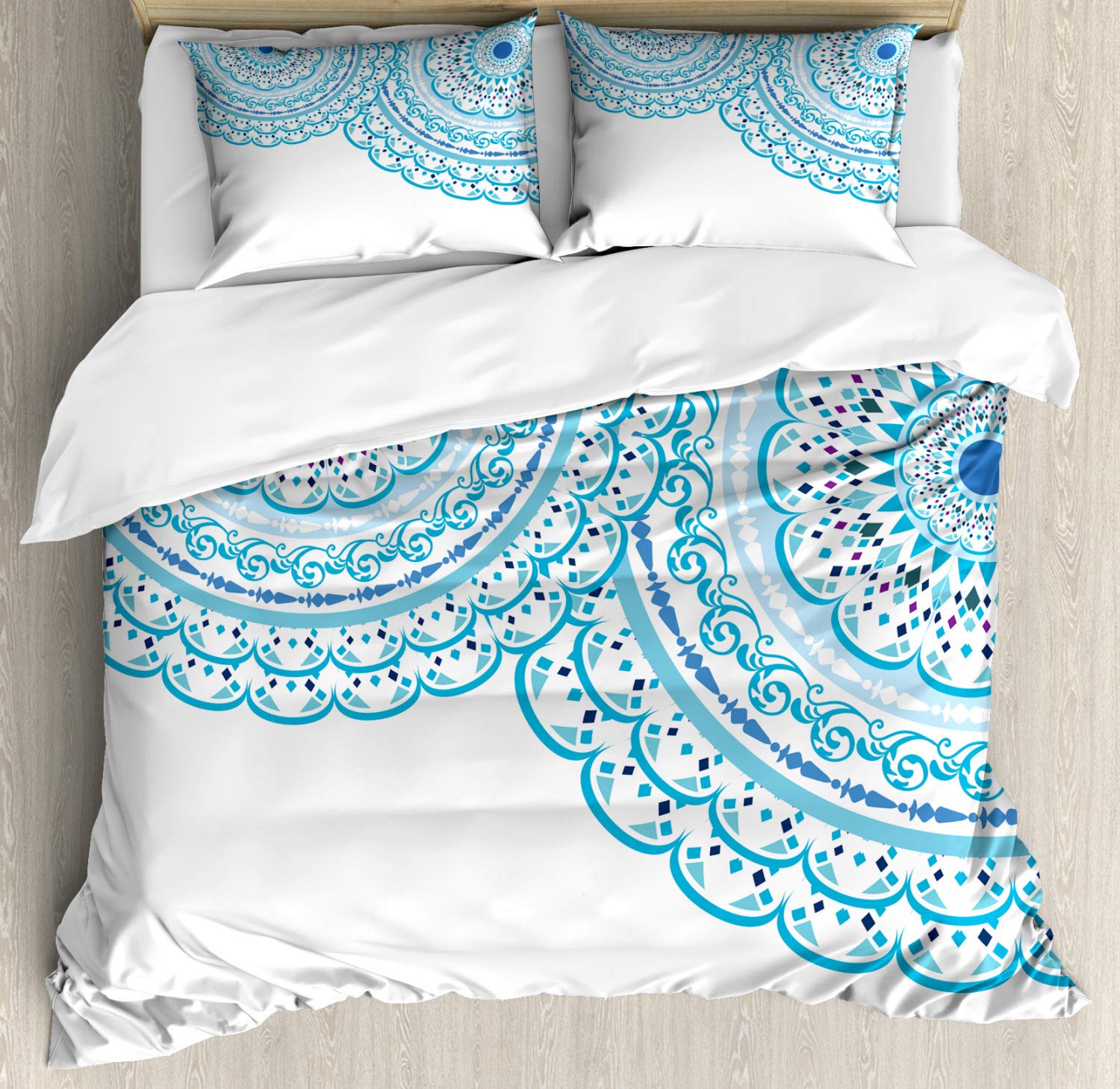 Ambesonne Mandala Duvet Cover Set 3-Piece Queen Size - Sky Blue & Pale Blue Bohemian Bedding with Lace Mandala Design & Custom Text Space for Wedding Decor, Bedroom Makeover, Guest Room Styling