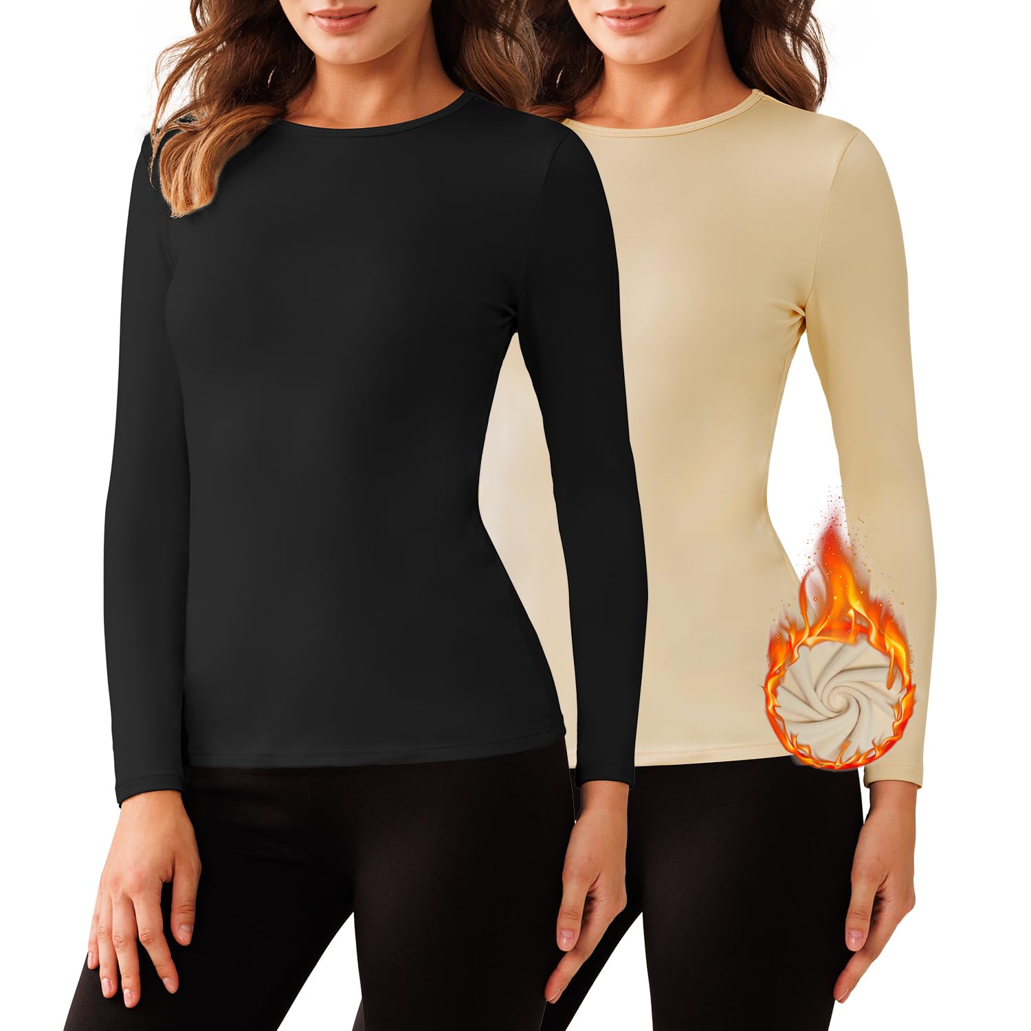 QOMEWA 2 Pack Women's Thermal Long Sleeve Shirts - Slim Fit Fleece Lined Base Layer for Cold Weather, Winter Underwear, Lightweight Thermal Top for Hiking, Skiing & Outdoor Activities
