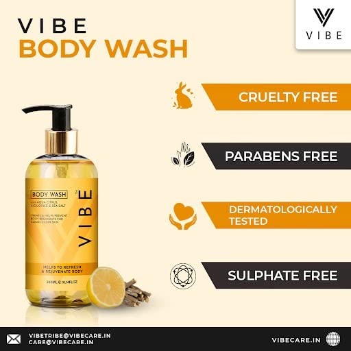 VIBE Aqua Citrus Body Wash & White Tea Fenugreek Hair Oil Combo Pack - 300ml Body Wash + 100ml Hair Oil for Hydrating Skin & Nourishing Hair - Perfect for Daily Shower & Hair Care Routine