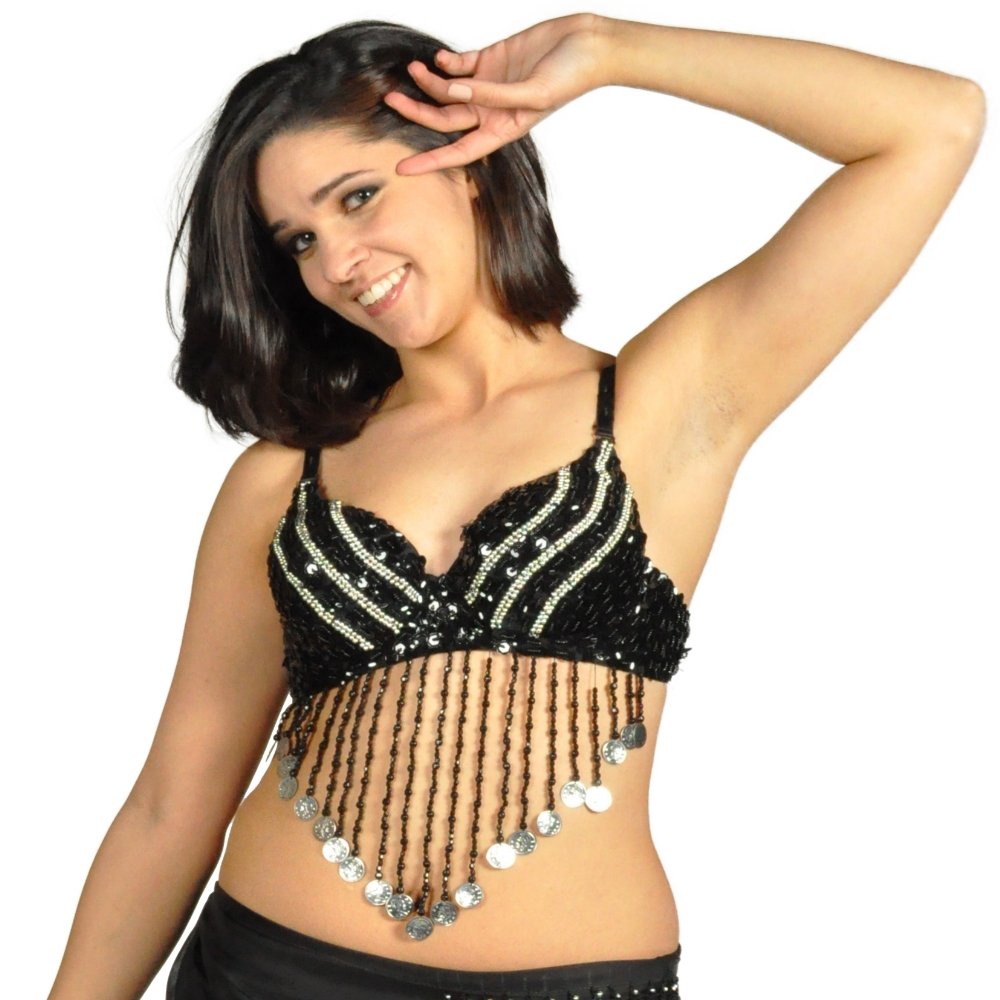 Adjustable Belly Dance Sequin Beaded Bra with Coin Fringe – Glamorous Performance Top for Costumes, Dance, and Stage Shows
