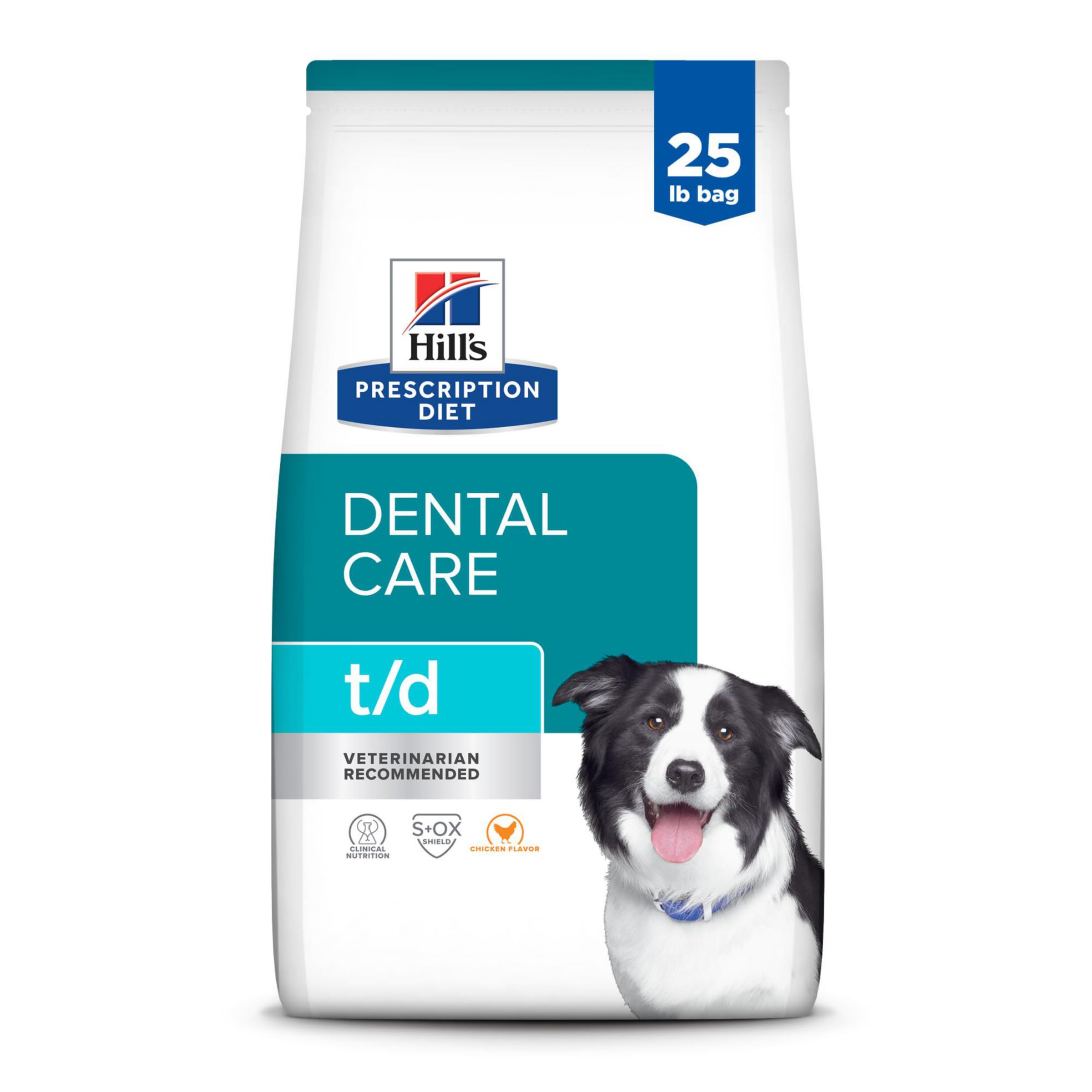 Hill's Prescription Diet t/d Dental Care Dry Dog Food - Chicken Flavor, Vet Recommended Oral Health Formula, 25lb Bag - Supports Tartar Control & Fresh Breath for Dogs - Perfect for Daily Dental Care Routine
