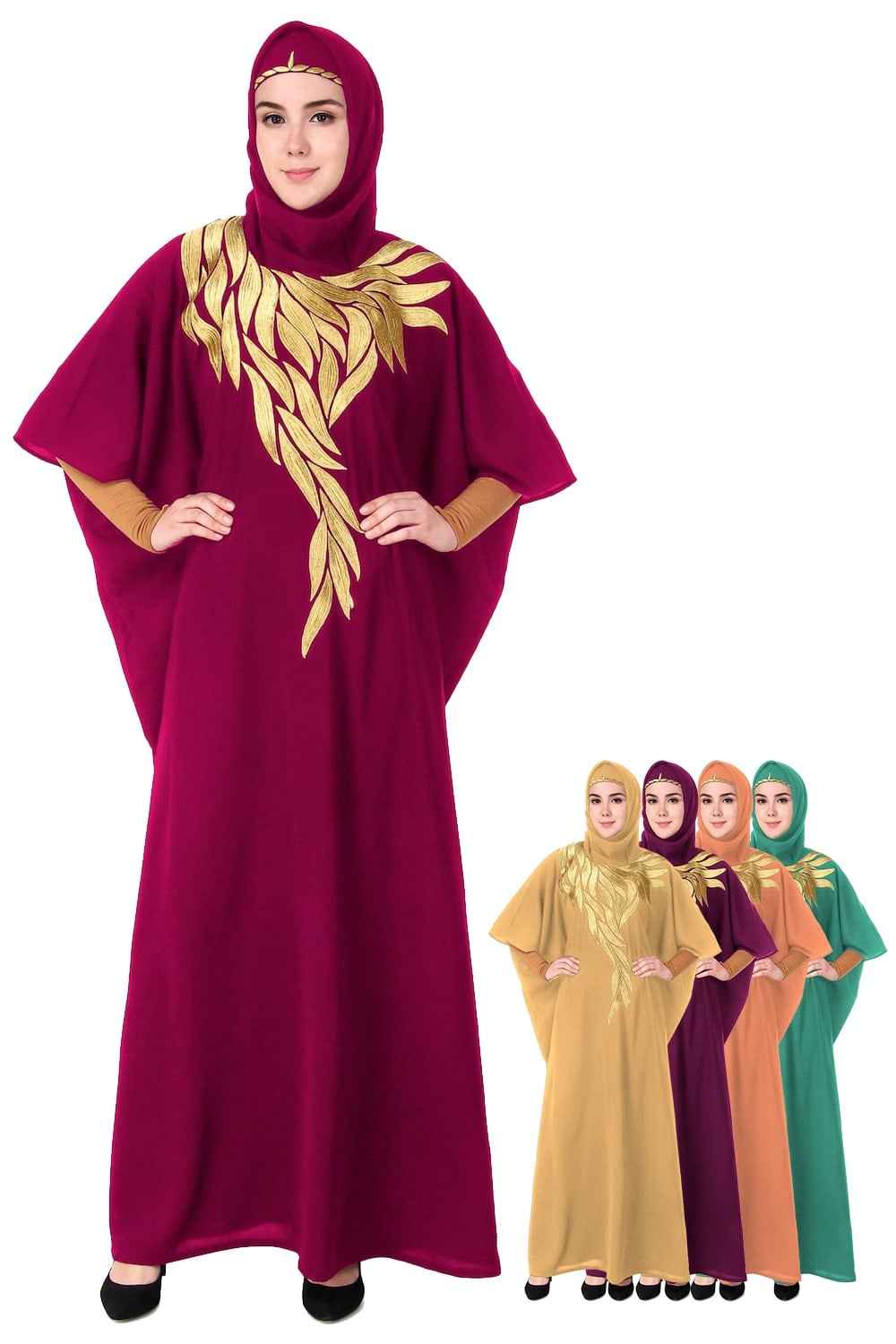 Handmade Gold Embroidered Multi-Leaf Design Kaftan Dress - Elegant Boho Chic Loungewear for Women, Perfect for Beach Cover-ups, Resort Wear & Summer Evenings